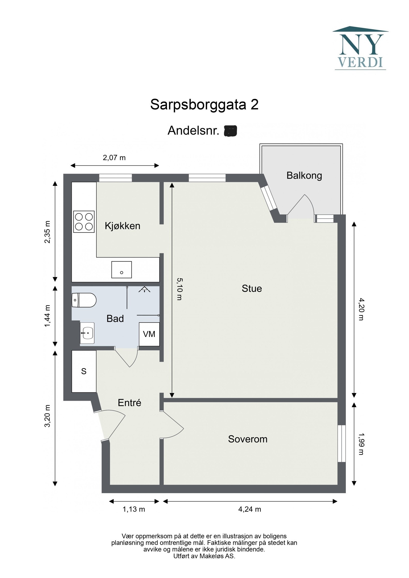Plantegning. I tillegg disponerer leiligheten en ekstern bod/skap på ca 0,5 kvm. Galleribilde