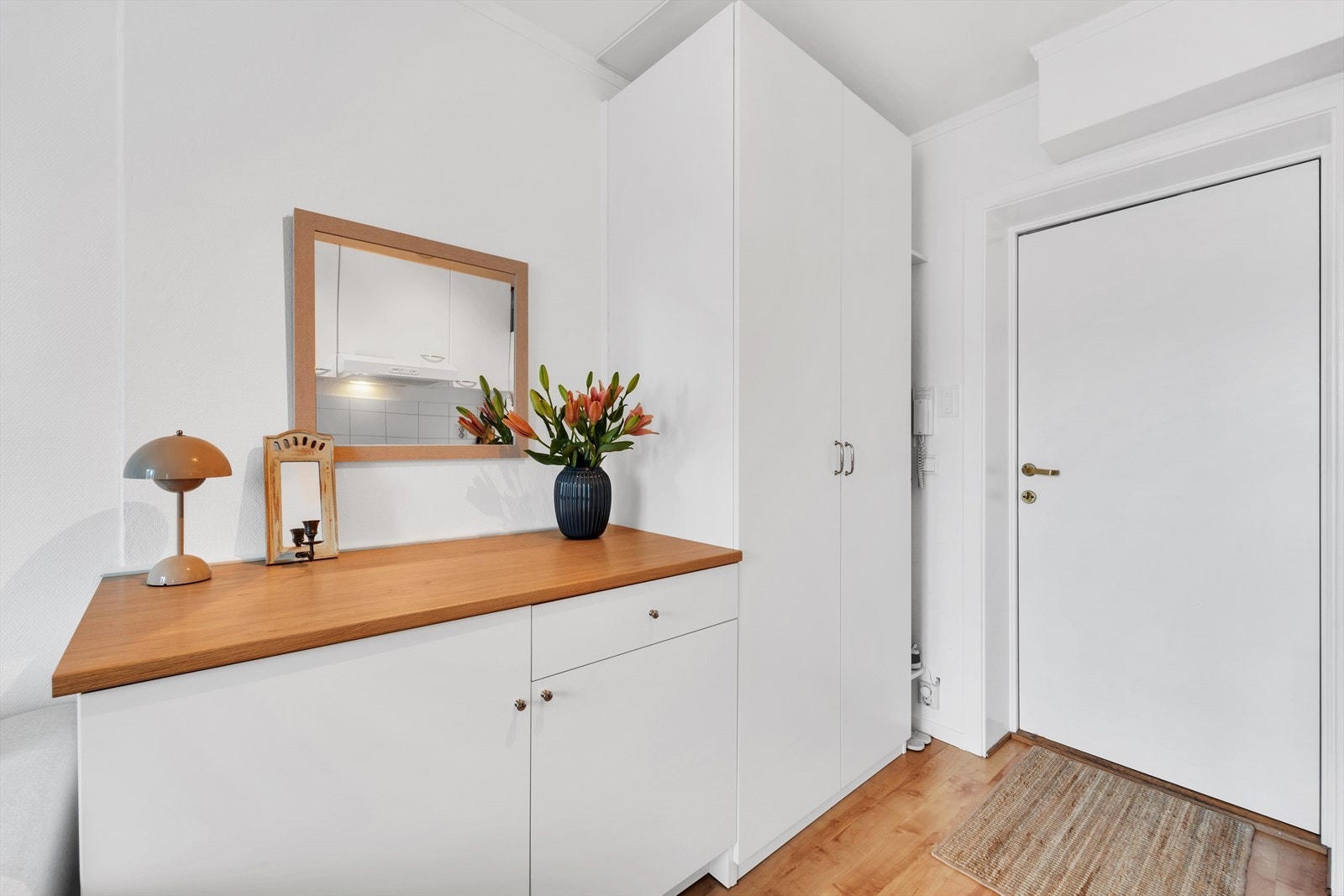 Plassbygd garderobeskap ved inngangsdøren. Galleribilde