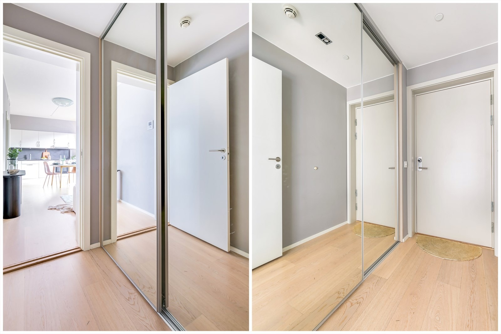 Du ønskes velkommen inn i en innbydende entré med god plass til oppbevaring i et stort speilbelagt garderobeskap, noe som bidrar til en ryddig og praktisk inngangssone. Galleribilde