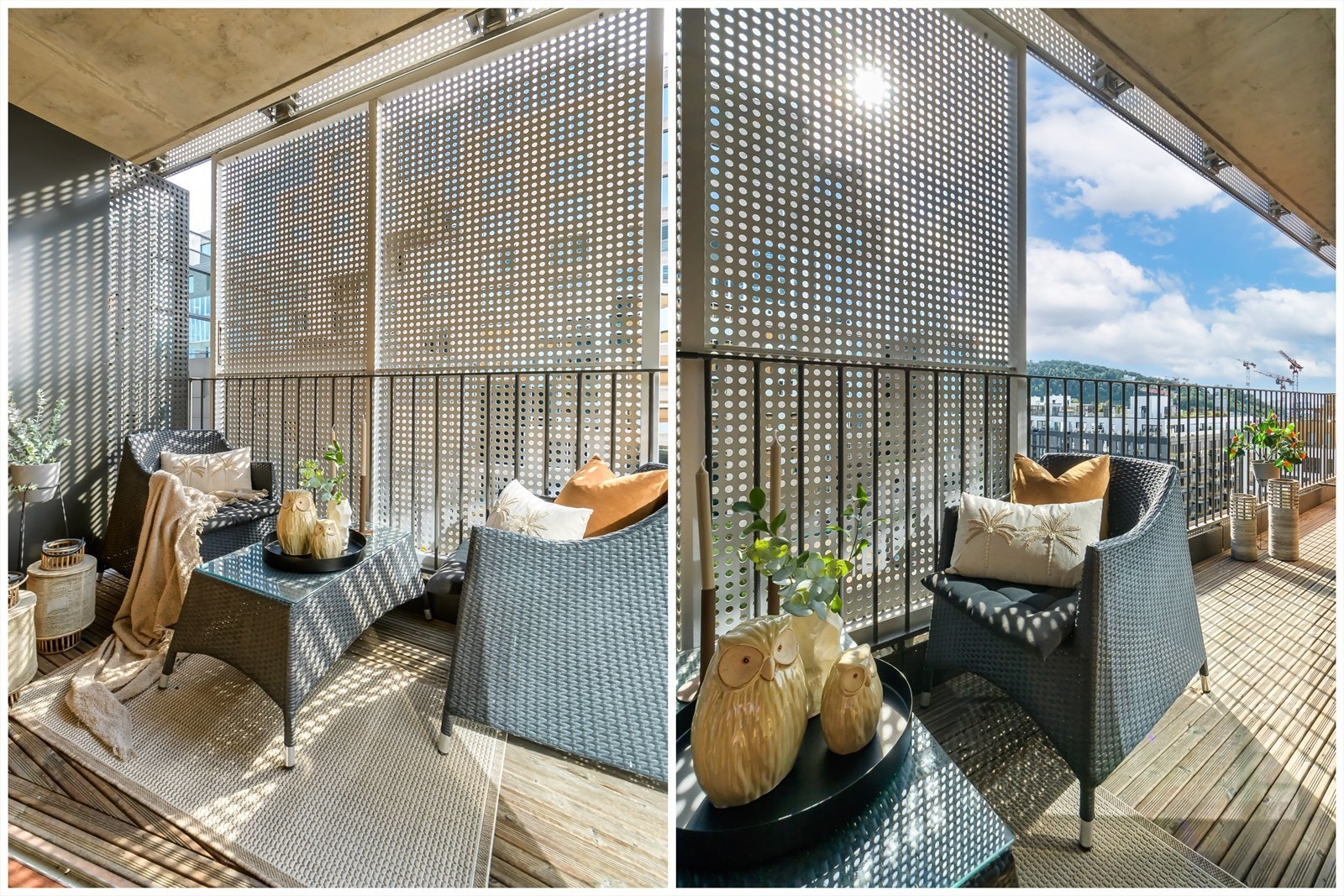 Balkongen ligger høyt til i 10. etasje med plass til utemøbler og beplantning Galleribilde