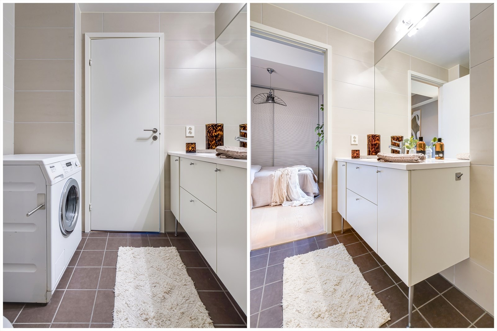 Dusjsonen er elegant avskjermet med glassvegger, og den stilrene servanten med underskap gir godt med oppbevaringsplass. Badet har vegghengt toalett som gir et ryddig uttrykk, og det er tilrettelagt for vaskemaskin. Galleribilde