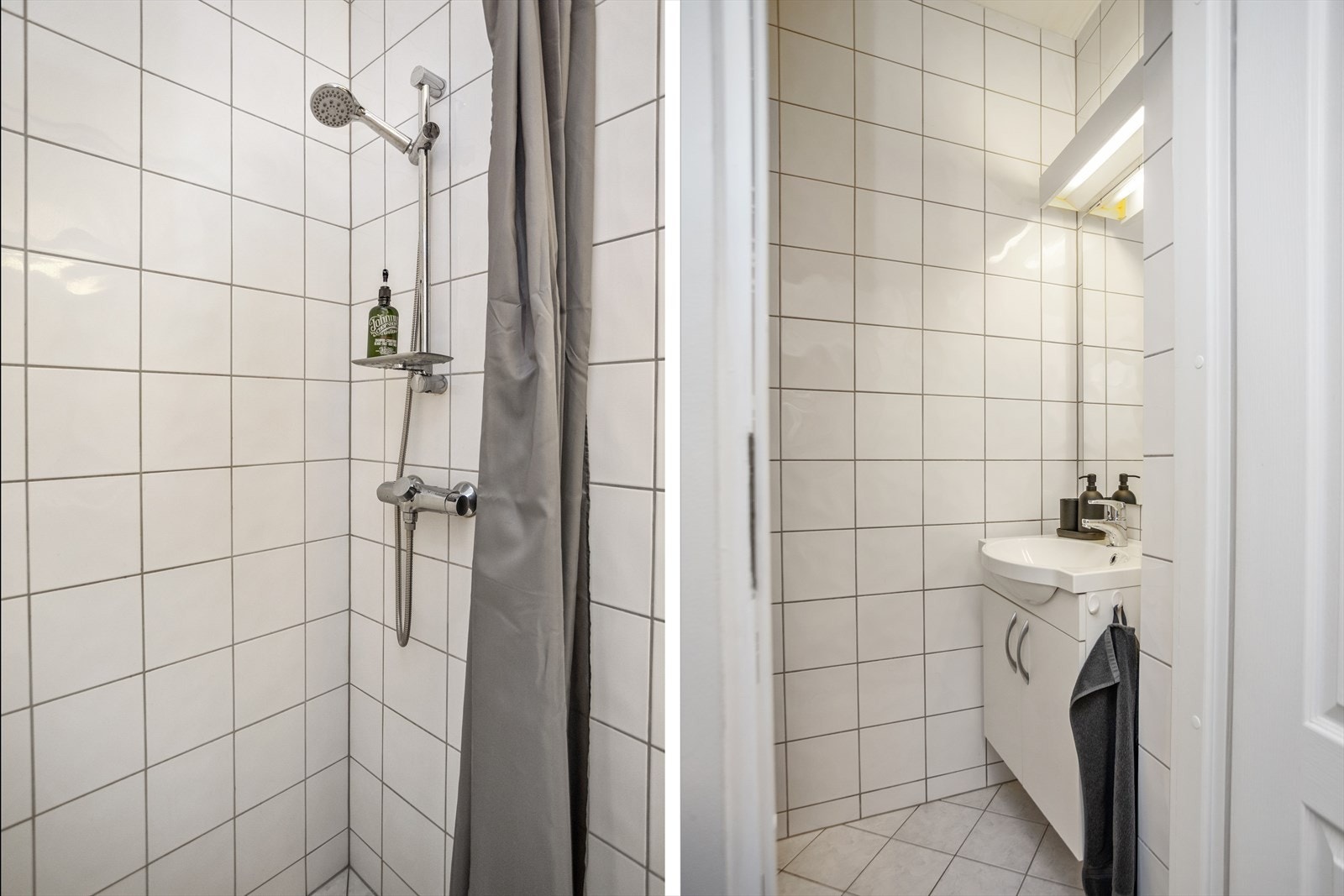 Leiligheten har et flislagt baderom med innredning fra 2008 hvor du finner dusjhjørne, servantskap, med ovenpåliggende servant, samt speil. Galleribilde