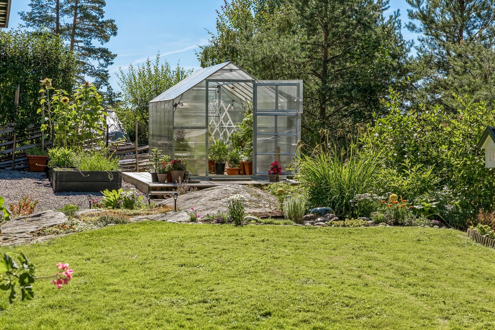 Drivhus med muligheter for å dyrke tomater, agurk, grønnsaker og blomster, eller bare bruke som et ekstra sted for hygge og rekreasjon. Drivhuset forlenger sesongen og er et veldig hyggelig sted å sitte, fra tidlig vår til sen høst. Galleribilde