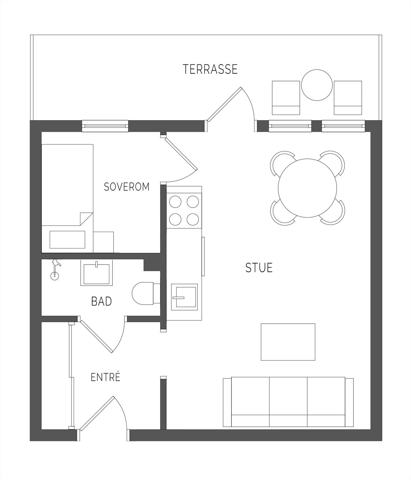 Alternativ plantegning ved flytting av kjøkken ut i stuen. Soverom vil ikke bli stort nok til å bli godkjent som soverom Galleribilde