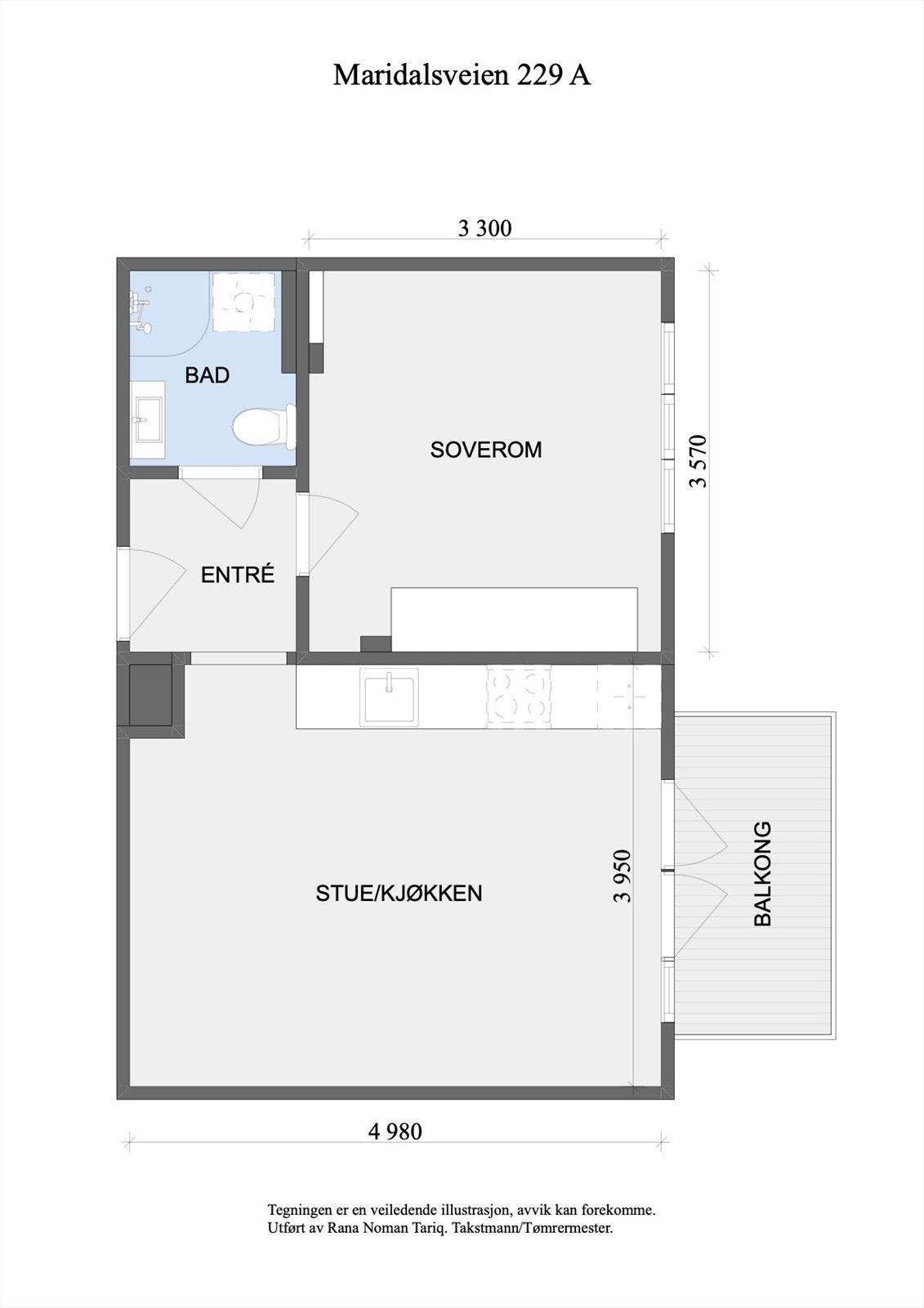 Plantegning. Leiligheten ligger i 5. etasje og inneholder entré, bad, soverom og åpen stue-/kjøkkenløsning med utgang til balkong. I tillegg disponerer leiligheten en kjellerbod og en loftsbod. Galleribilde
