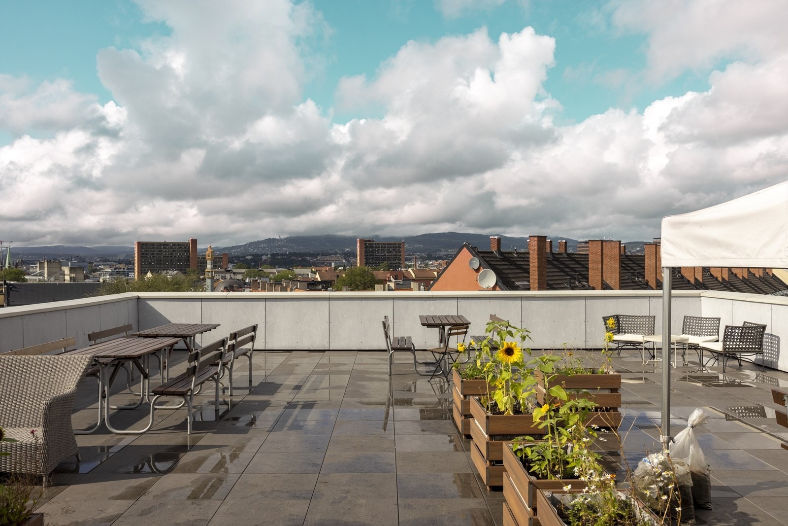 Felles takterrasse som er pent opparbeidet med flere hyggelige sittegrupper. Galleribilde