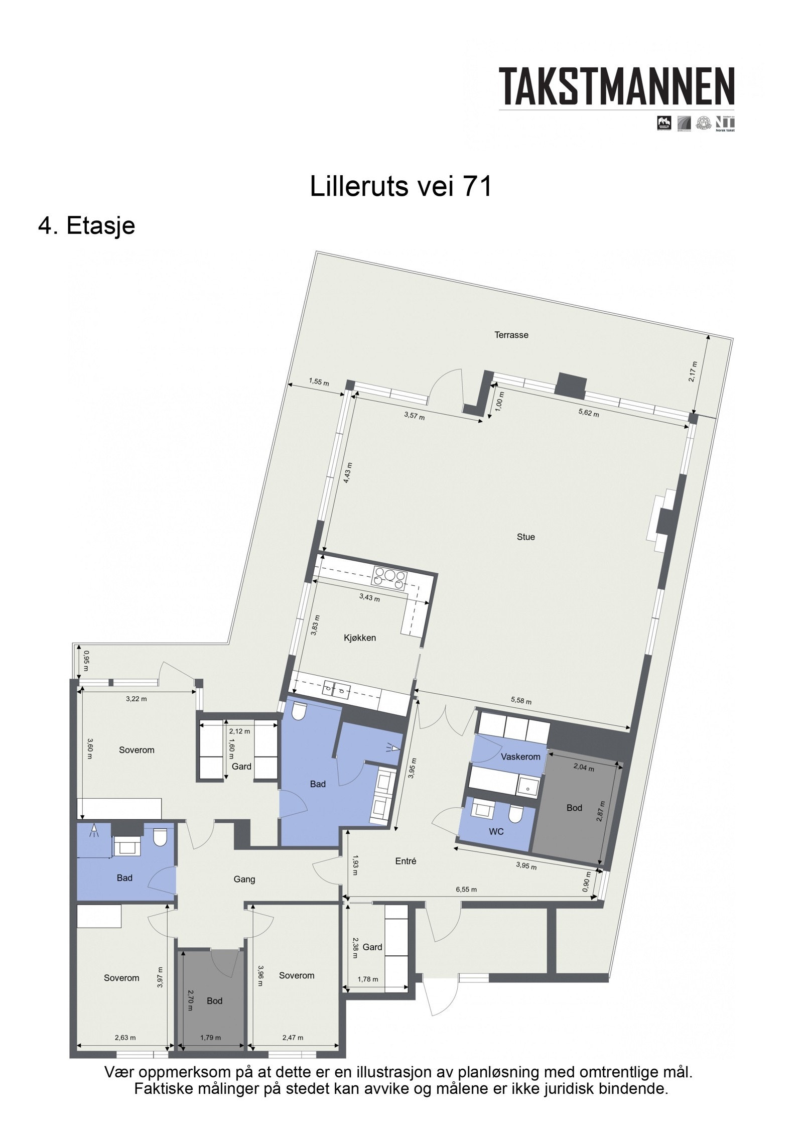 Leiligheten er på hele 189kvm. og ligger over ett plan med direkte heisadkomst (eneste leiligheten i toppetg. i oppgangen). Galleribilde