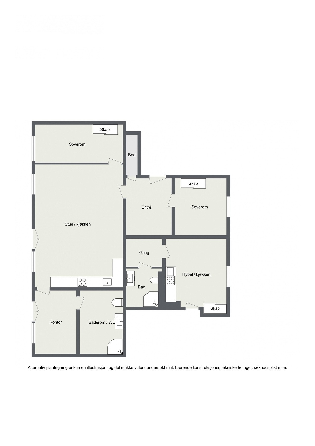 Alternativ plantegning med hybel - Plantegningen er bare en idé og megler har ikke undersøkt hvorvidt dette er praktisk eller teoretisk mulig. Kjøper er selv ansvarlig for å gjøre egne undersøkelser. Endringene krever godkjenning hos kommune og av styret Galleribilde
