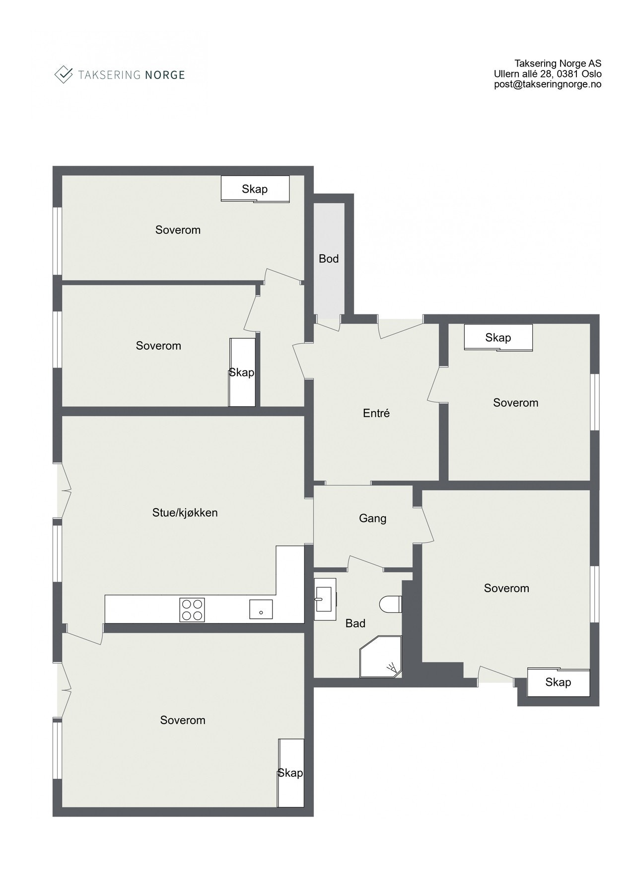 Alternativ plantegning med 5 soverom - Plantegningen er bare en idé og megler har ikke undersøkt hvorvidt dette er praktisk eller teoretisk mulig. Kjøper er selv ansvarlig for å gjøre egne undersøkelser. Endringene vil kreve godkjenning hos kommune og av Galleribilde
