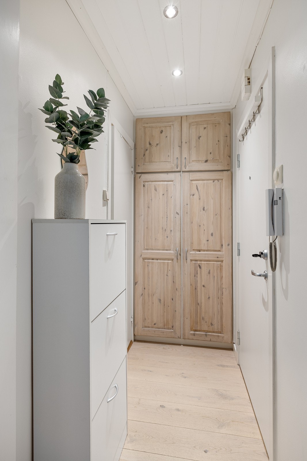 Entréen er liten, lys og tiltalende med 1-stavs parkett på gulvet og downlights i himlingen. Galleribilde