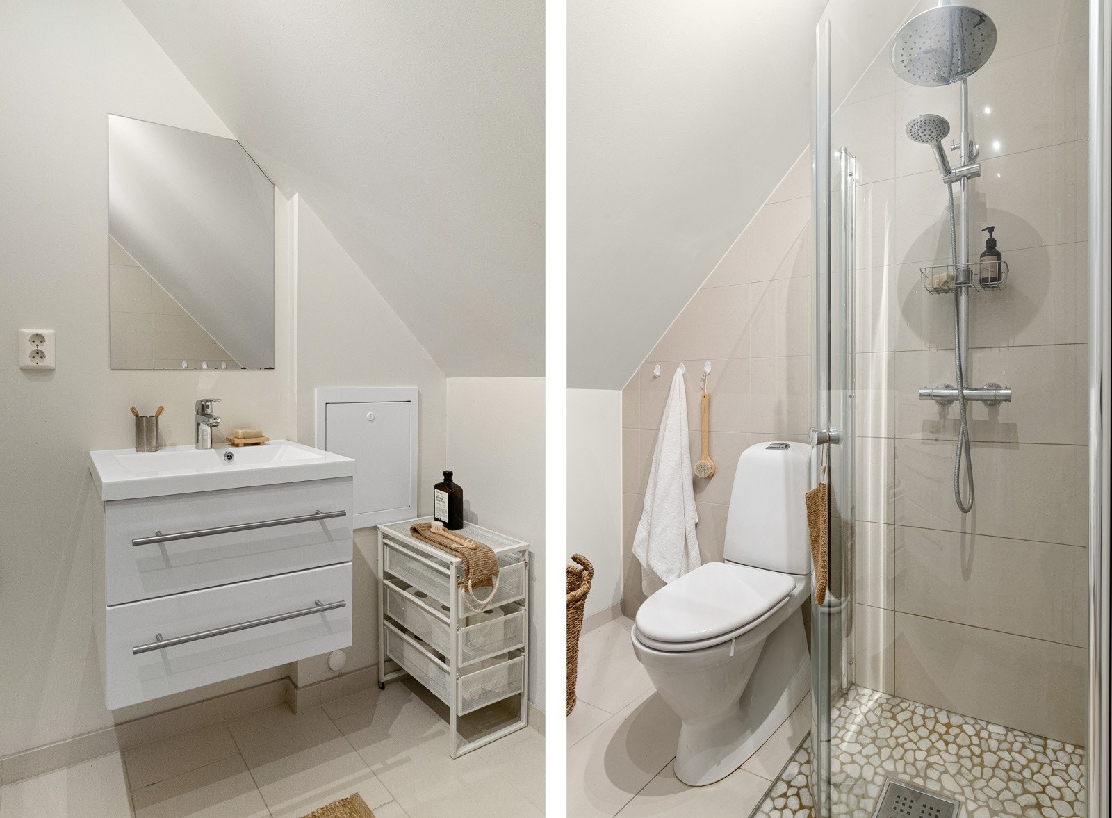 Badet er innredet med baderomsmøbel, speilskap, dusjnisje med foldedører og toalett. Galleribilde