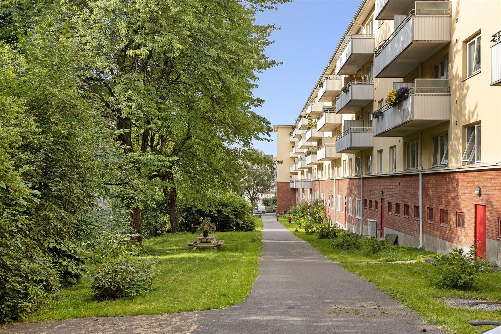 Hyggelige fellesareal med asfalterte internveier, gressplen og diverse beplantning. Opparbeidet med sittegrupper for beboerne. Galleribilde