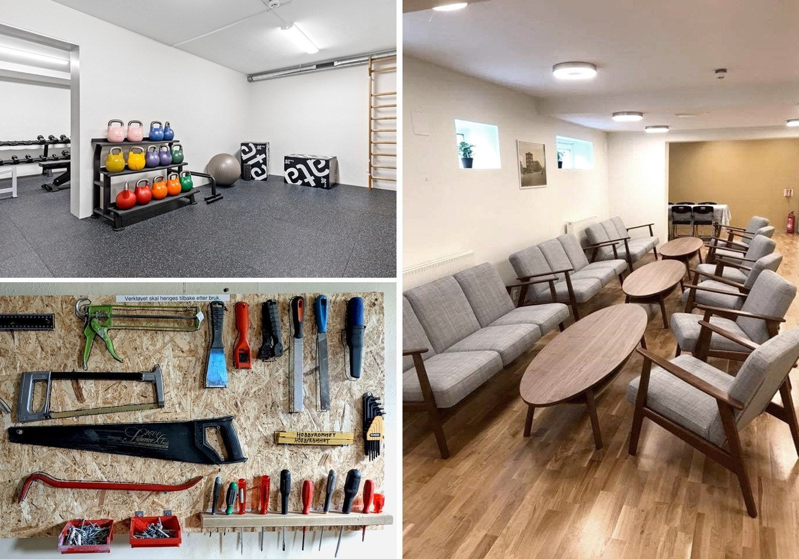 Det er tilgang på fellesvaskeri, hobbyrom treningsrom og velferdsrom i borettslaget. Galleribilde