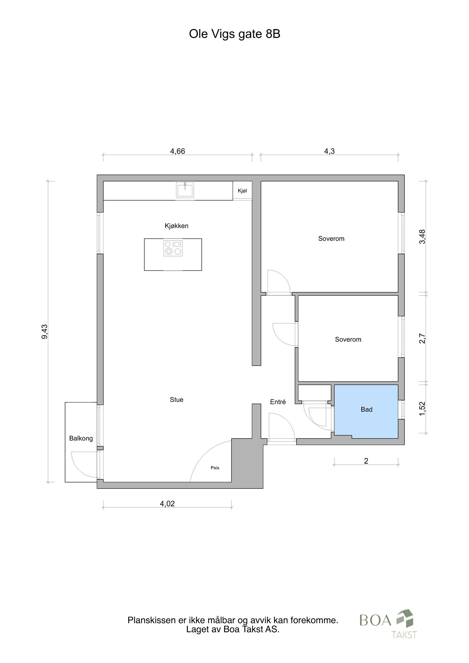Plantegning. Leiligheten disponerer også en loftsbod ca. 4 kvm og en kjellerbod ca. 7 kvm Galleribilde