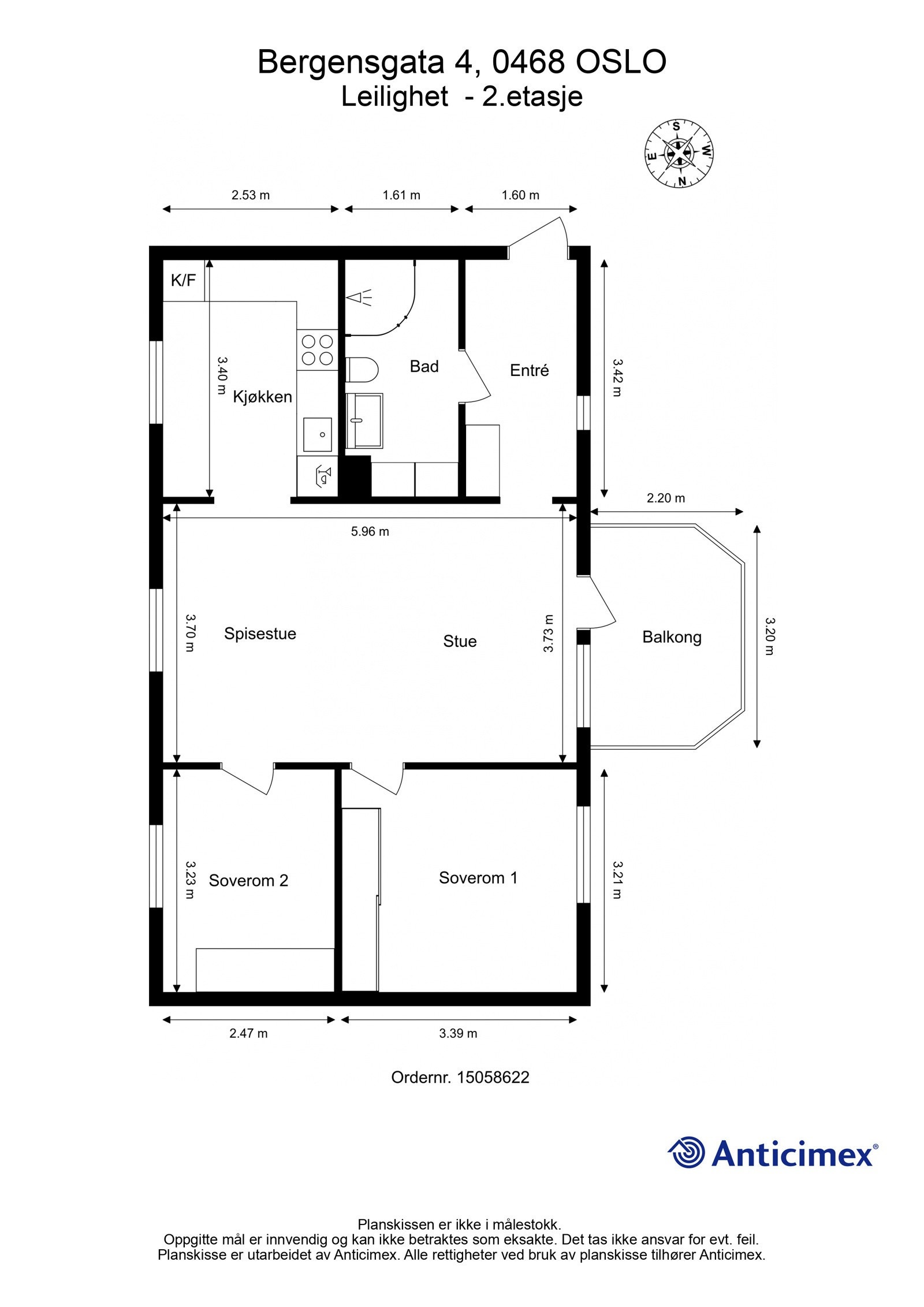 Plantegning. I tillegg disponerer leiligheten en kjellerbod på ca. 6m². Galleribilde