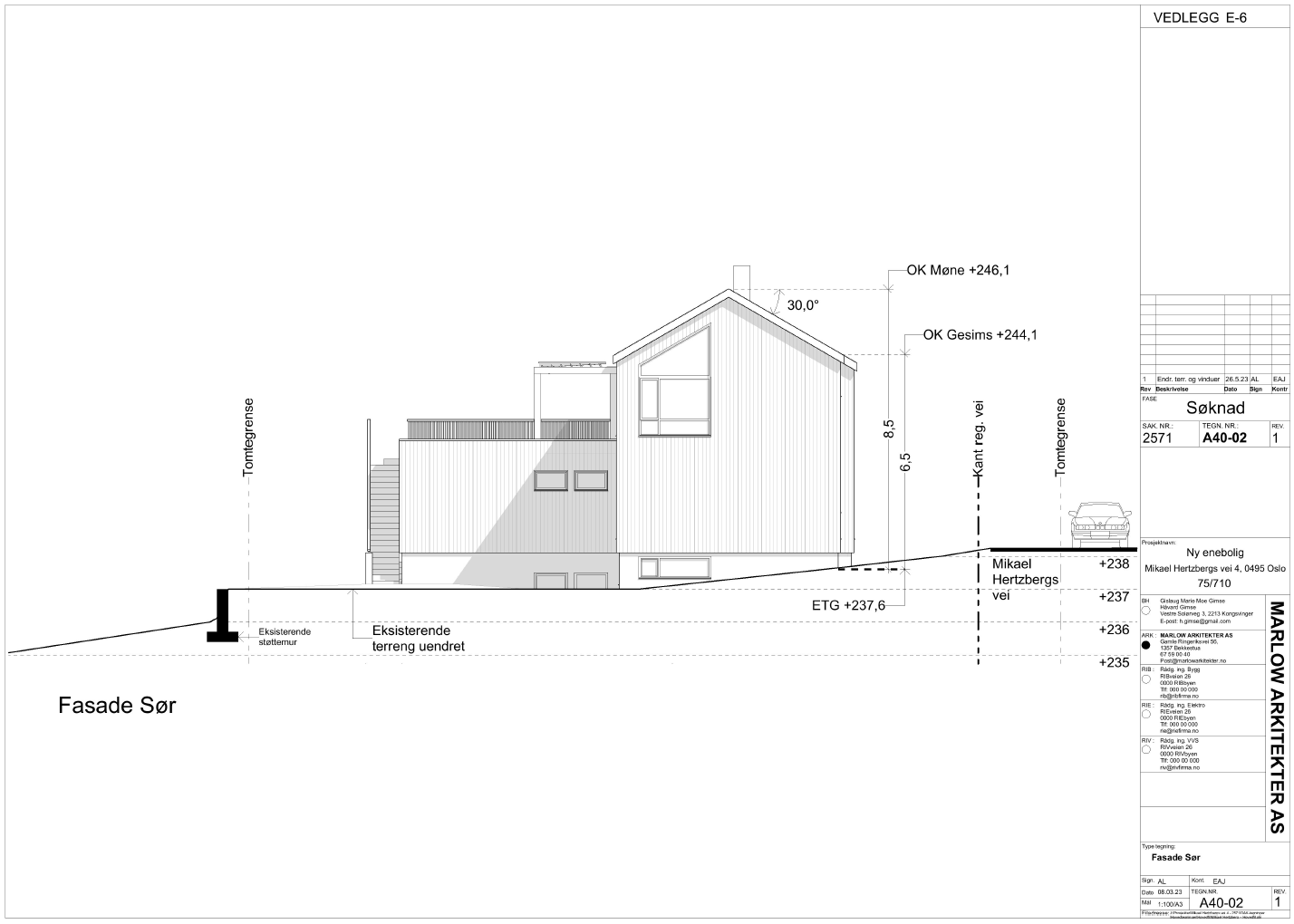 Tegningene av fasaden sett fra sørsiden viser en planlagt terrasse med pergola over garasjen. Galleribilde