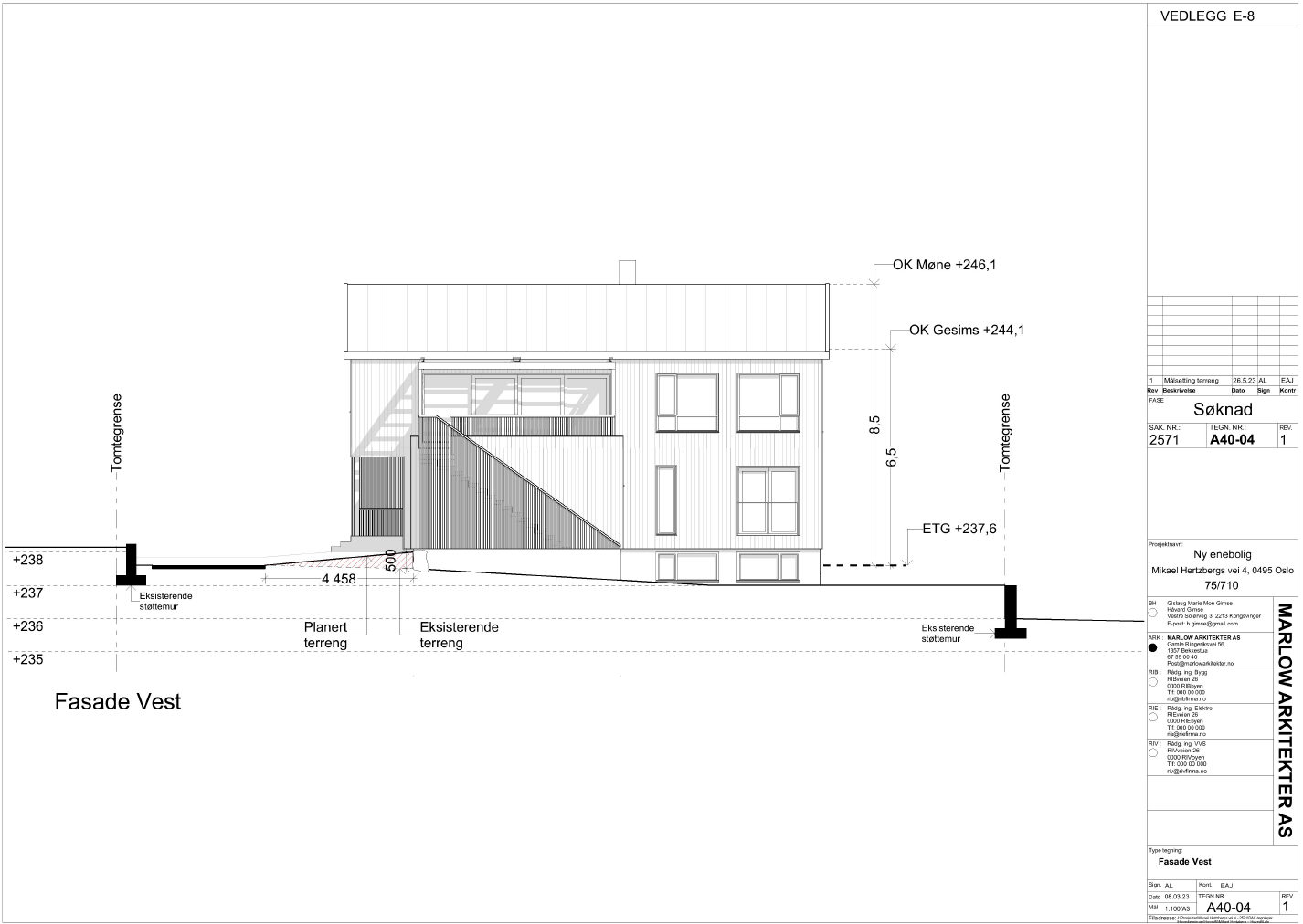 Tegningene av fasaden sett fra vestsiden viser at garasjen ligger i front med terrassen over. Her vil det være god kveldssol. Galleribilde