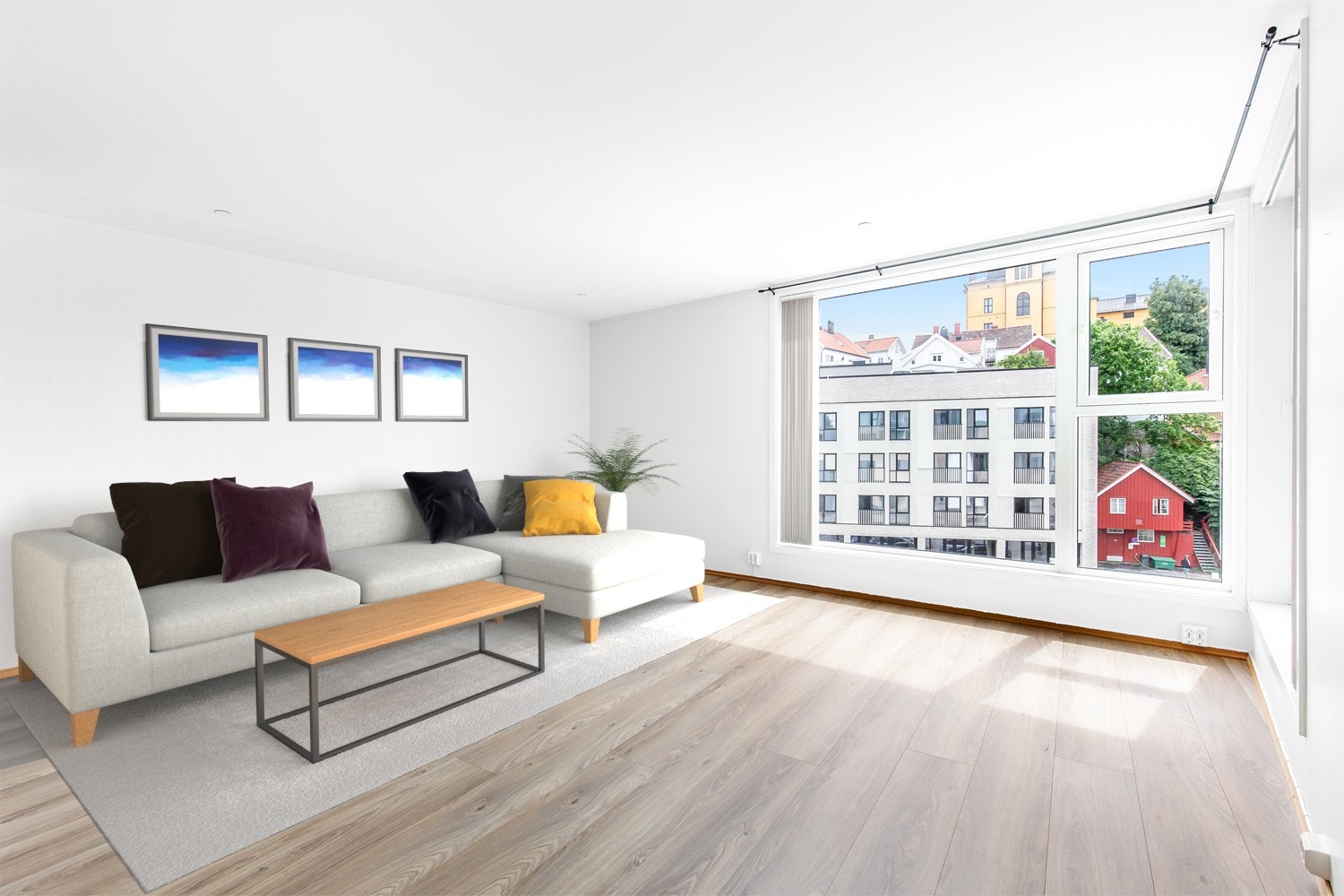 Stuen har fin plass til en stor sofagruppe. Illustrasjon med møbler. Galleribilde