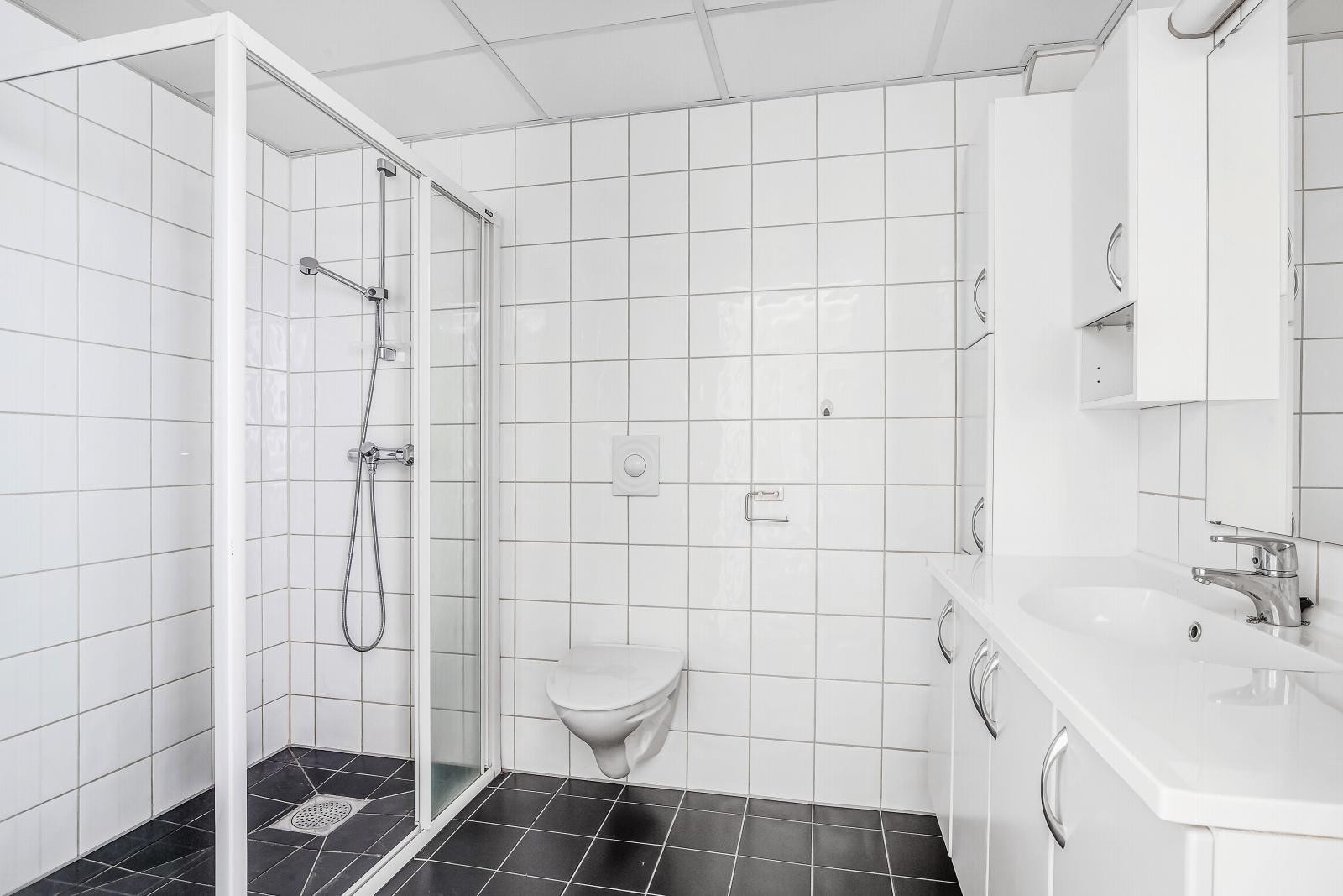 Baderom med fliser fra gulv til tak, vegghengt toalett, dusjhjørne og klassisk skapinnredning. Galleribilde