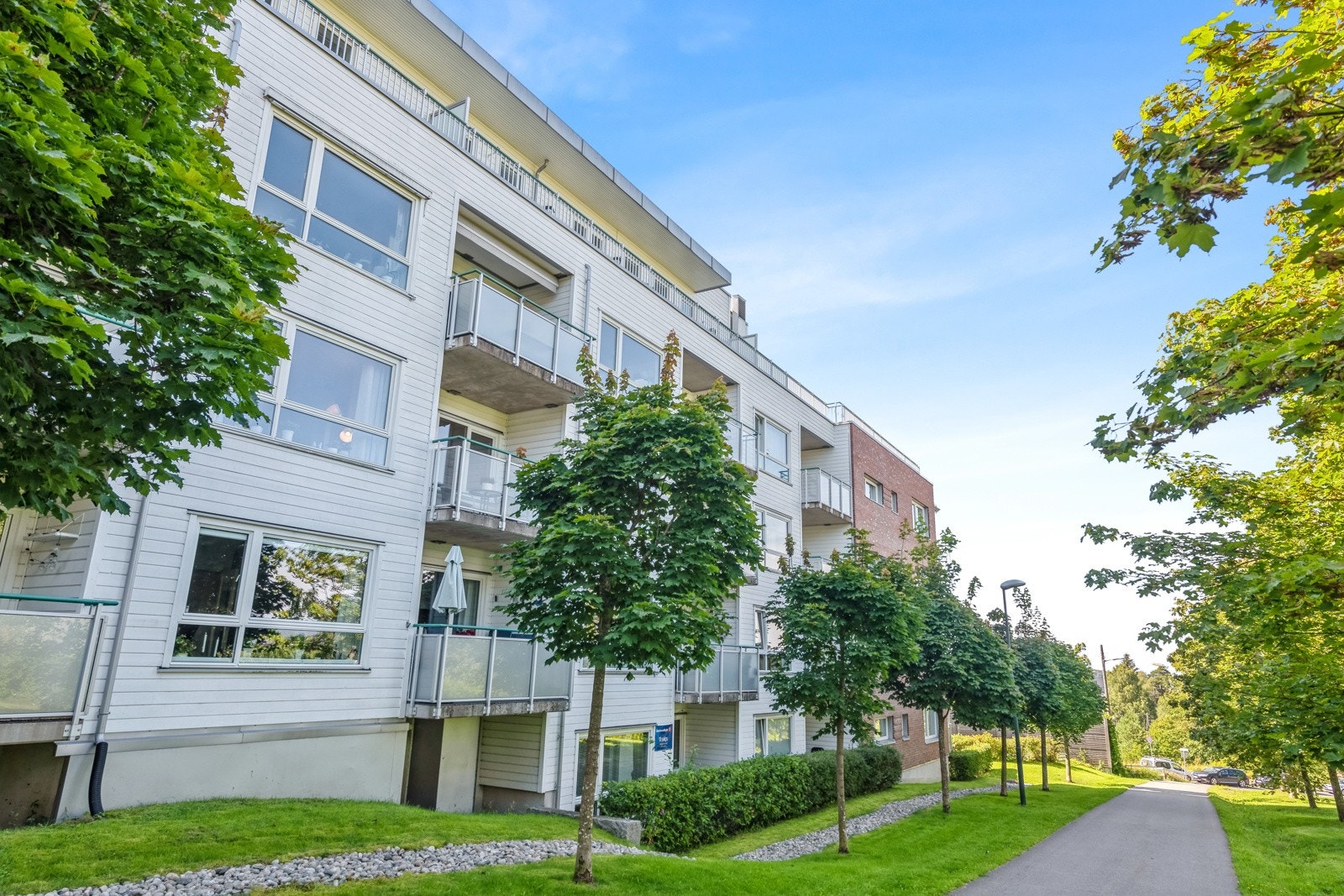 Hyggelige utearealer med stier og beplantning Galleribilde