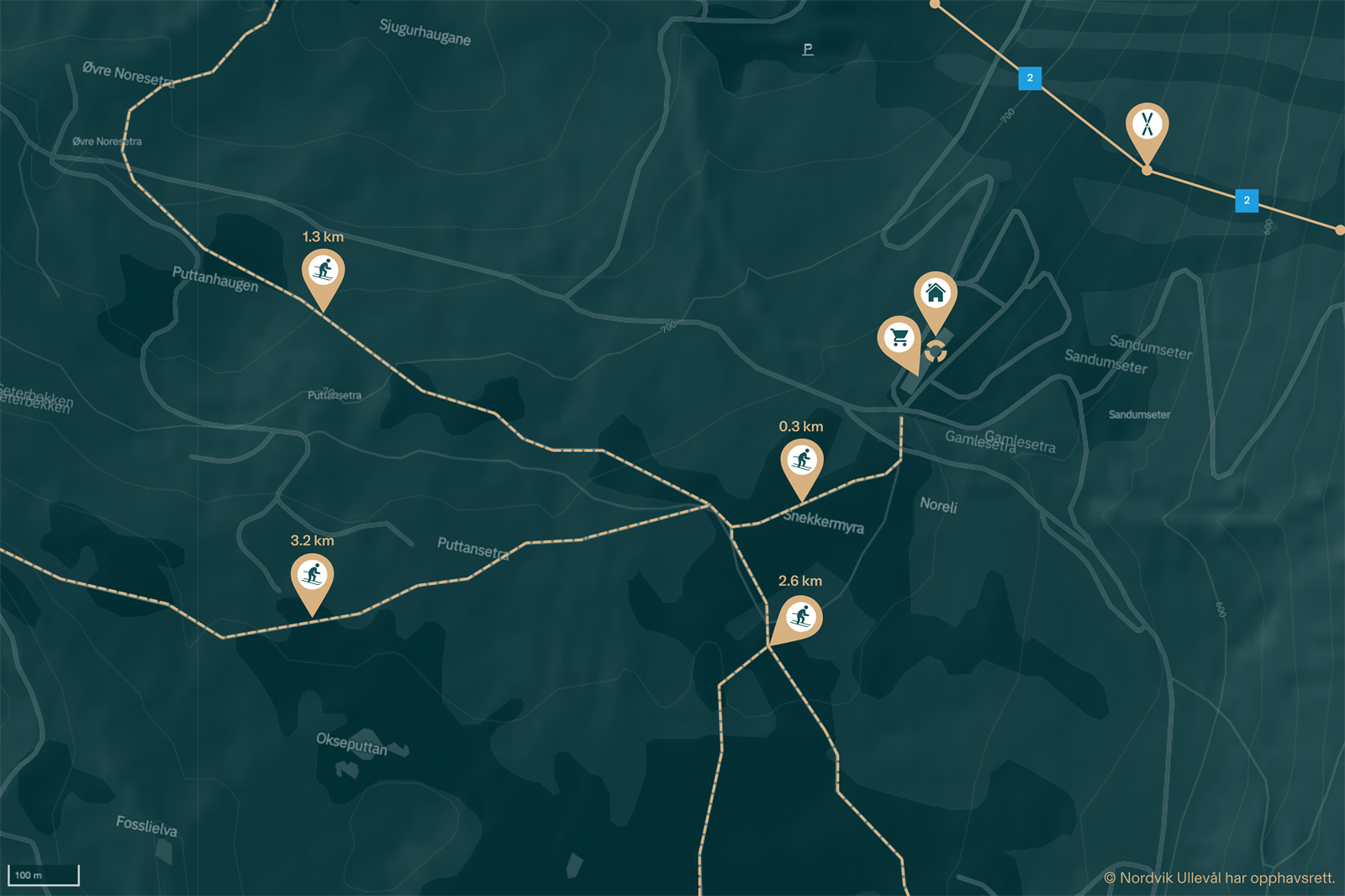 Kartet viser oversikt over skiløyper, alpinbakke og butikk i forhold til leiligheten. Galleribilde