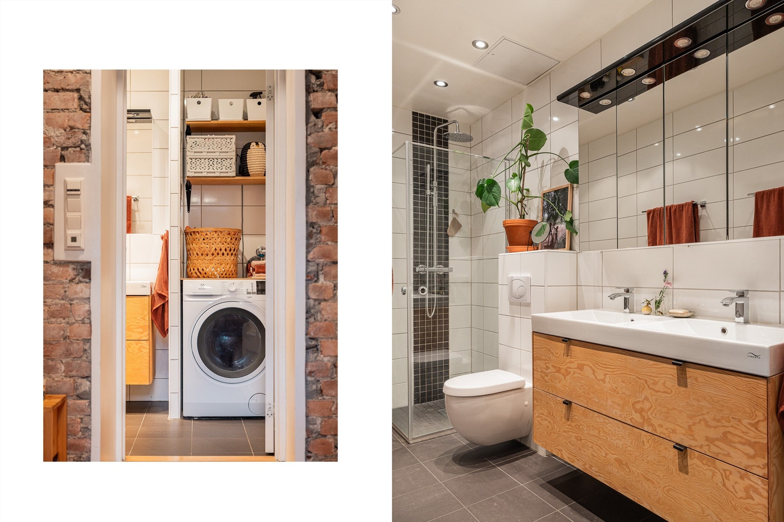 Romslig bad fra 2011 med lyse fliser og gulvvarme. Opplegg for vaskemaskin i egen vaskenisje. Galleribilde