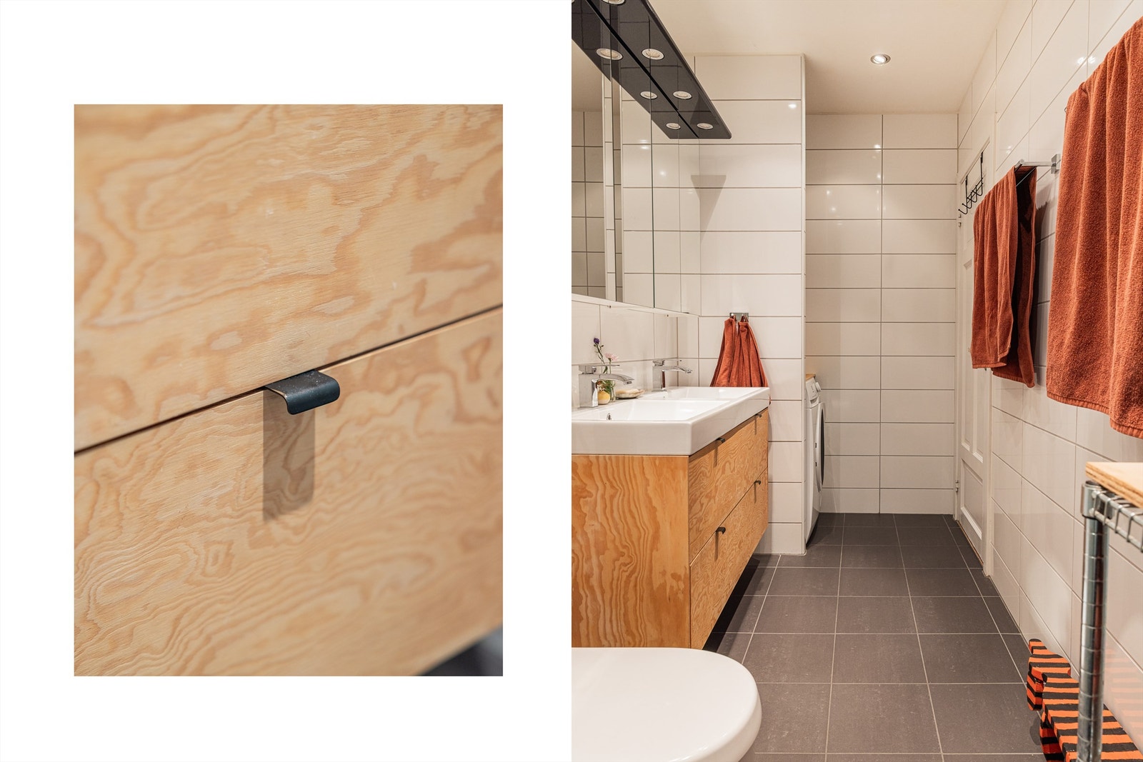 Dusjdører fra 2023. Videre har badet dusjhjørne med innfellbare glassdører, hånddusj og regndusj og vegghengt toalett. Galleribilde