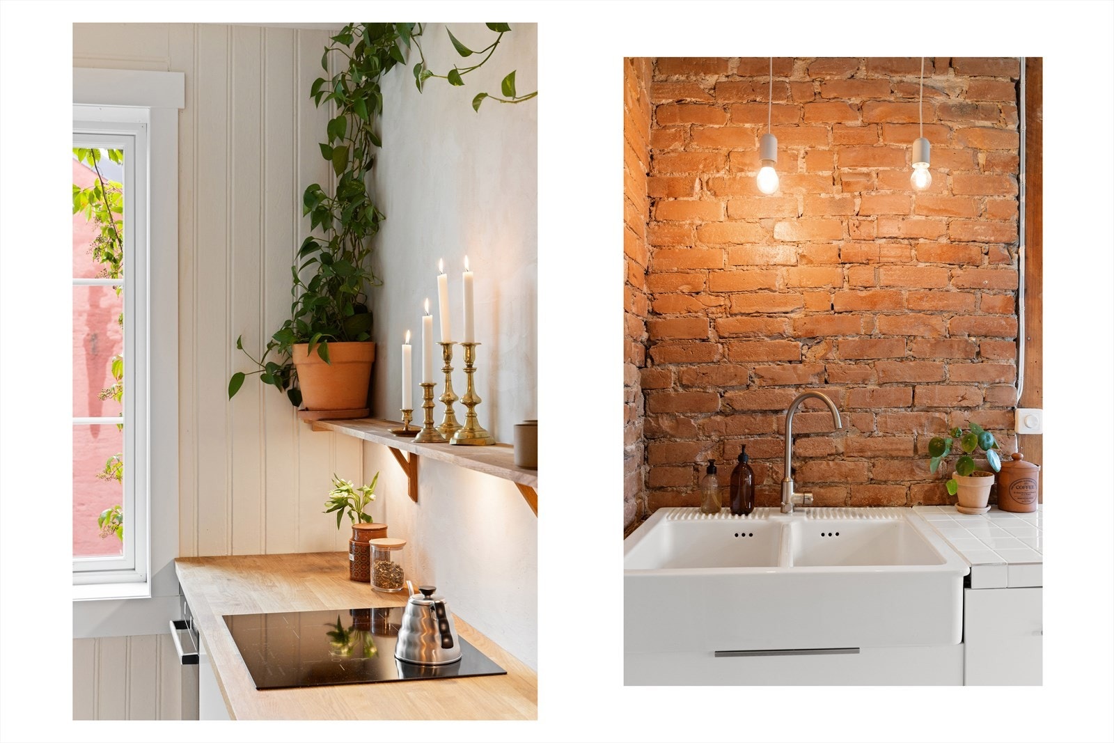 Lyse, glatte fronter, heltre benkeplate og flislagt benkeplate med hvit dobbel servant med svingbart blandebatter. Galleribilde