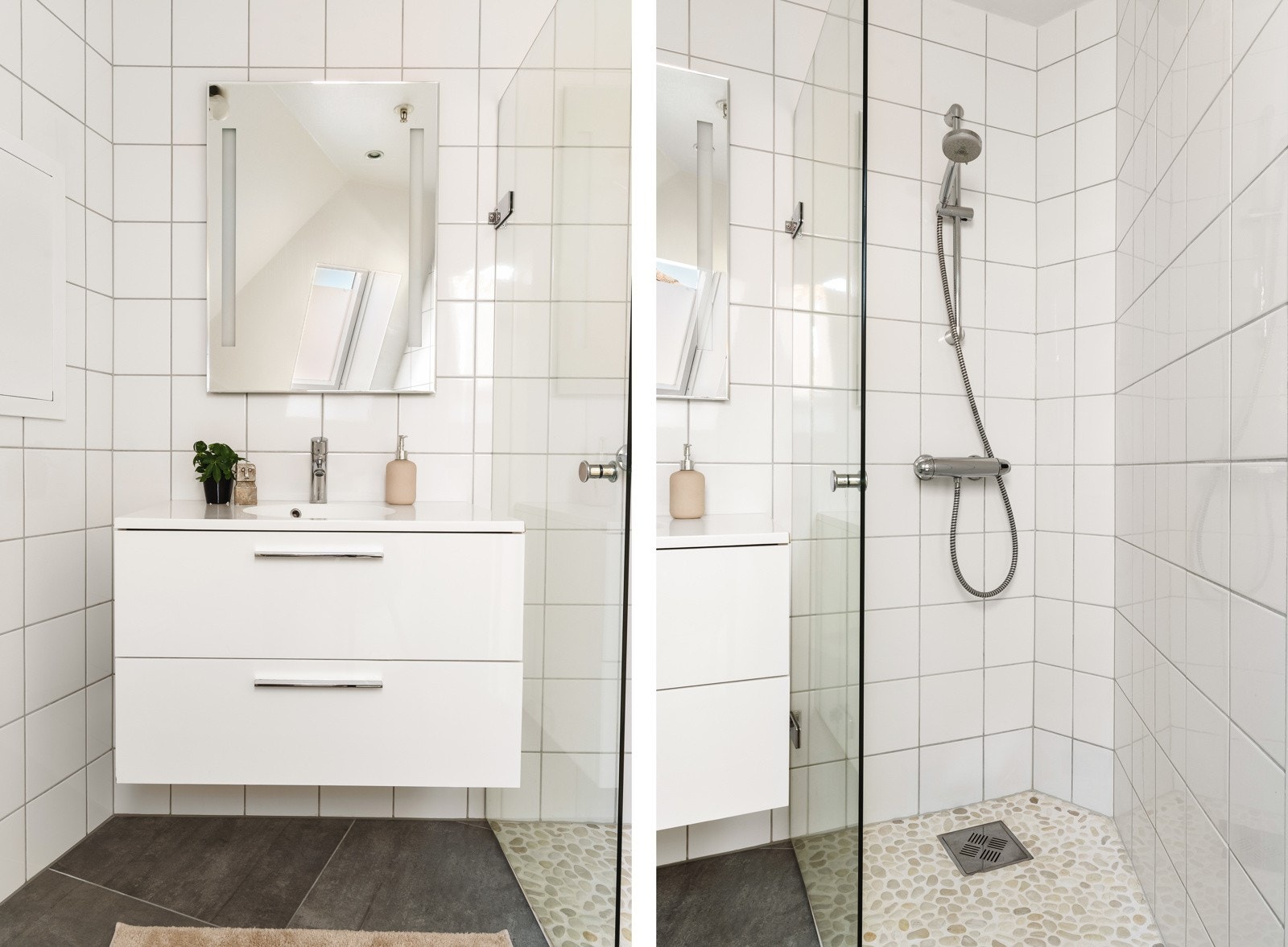 Badet er innredet med dusj med glassvegg, vegghengt toalett, baderomsinnredning og opplegg for vaskemaskin. Galleribilde