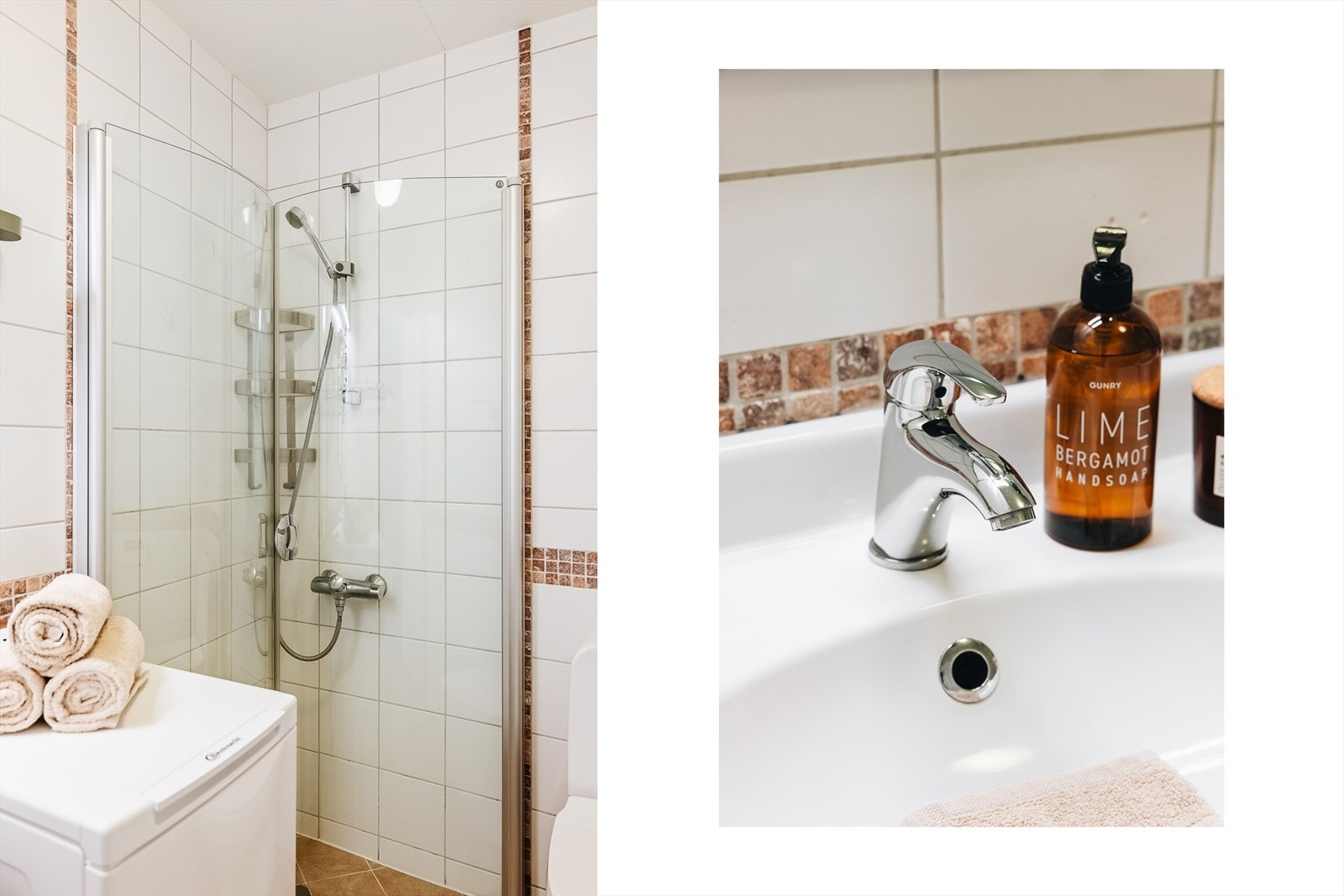 Badet inneholder toalett, helstøpt servant med skuffer, dusjdører i klart glass og opplegg for vaskemaskin. Galleribilde