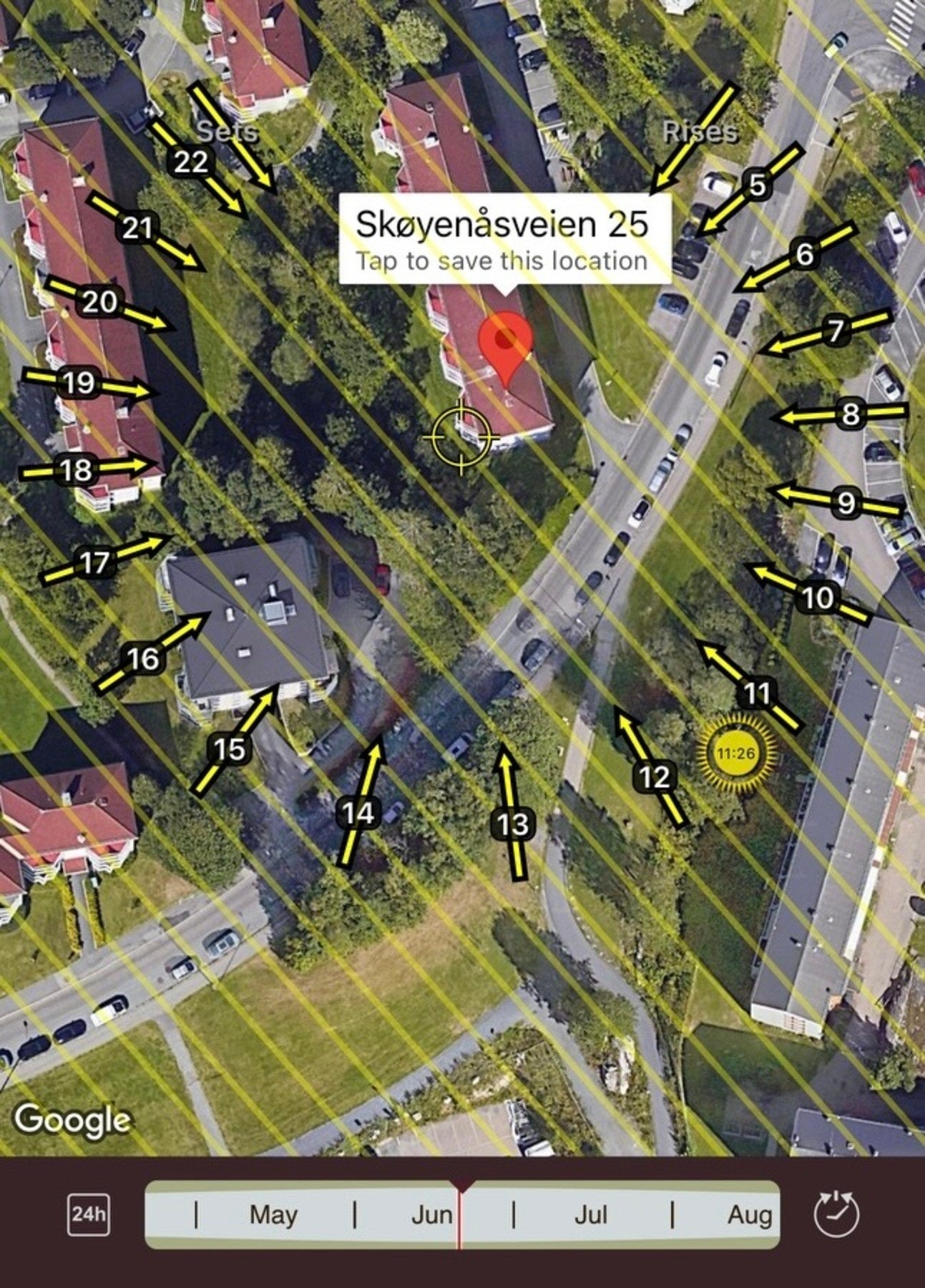 Bildet illustrerer kun solstrålenes retning. Faktiske solforhold på balkongen kan avvike. Galleribilde