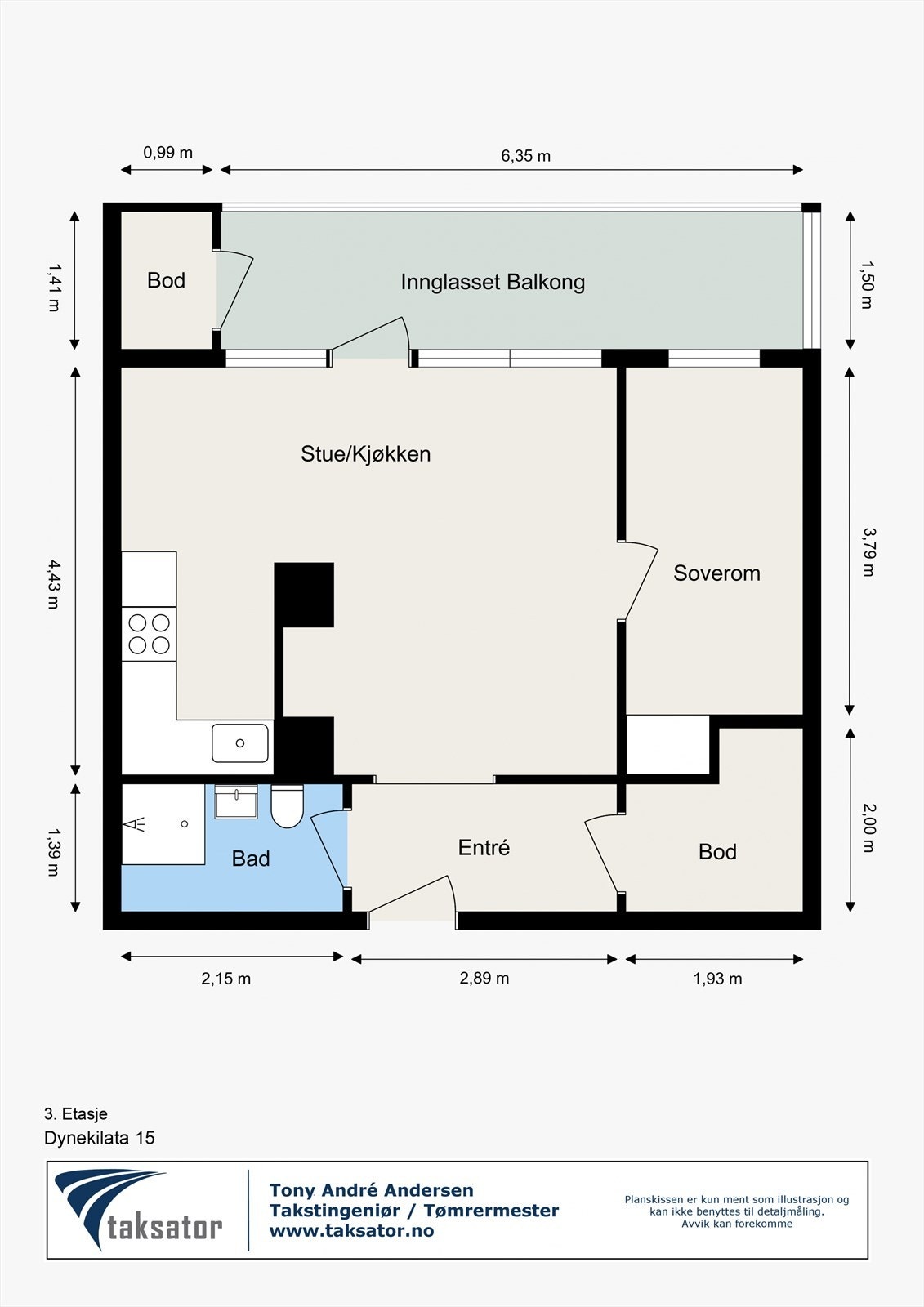 Plantegning fra takstmann. Leiligheten inneholder entré, bod, stue, kjøkken, soverom og bad. Utgang fra stue til balkong med bod. Bod i kjeller for lagring. Galleribilde