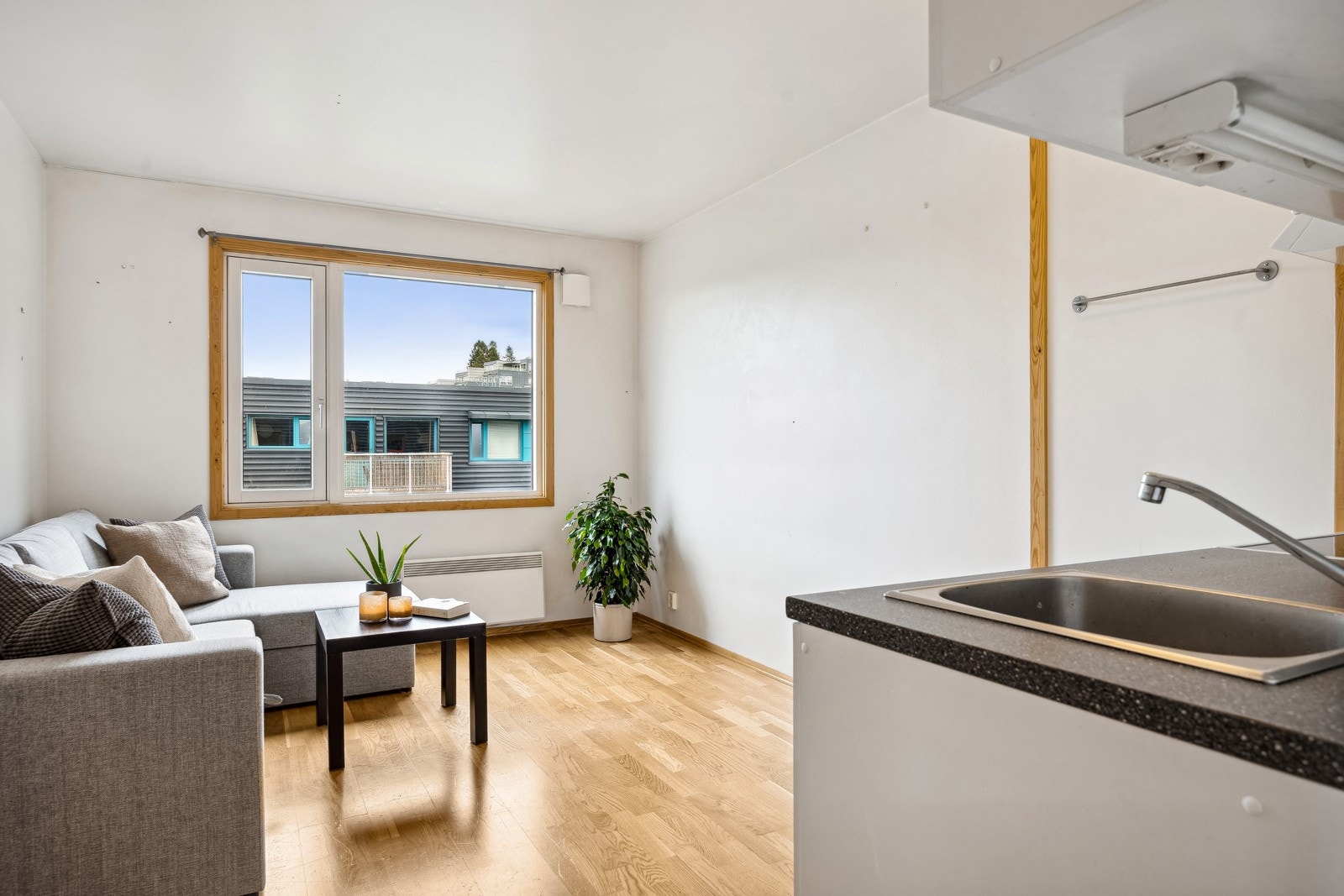 Stue/soverom på hybeldel. Her kan man innrede etter eget ønske. Med f.eks. sovesofa, spisebord og kontorpult. Galleribilde