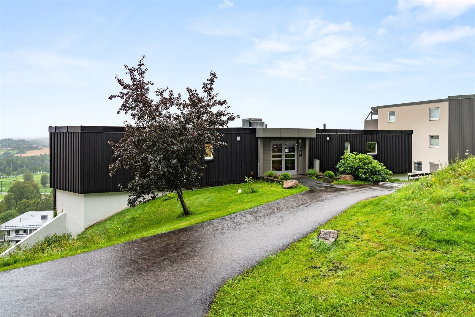 Pent inngangsparti med hyggelig, grønne områder rundt. Galleribilde
