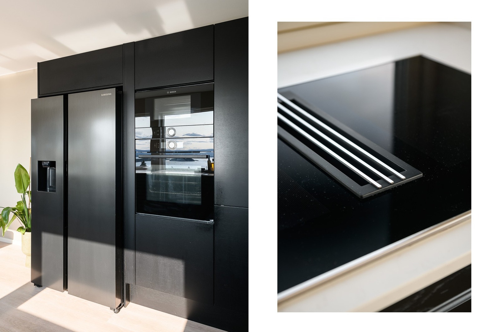 Side-by-side-kjøleskap fra Samsung og koketopp med
nedtrekksventilator fra Miele. Galleribilde