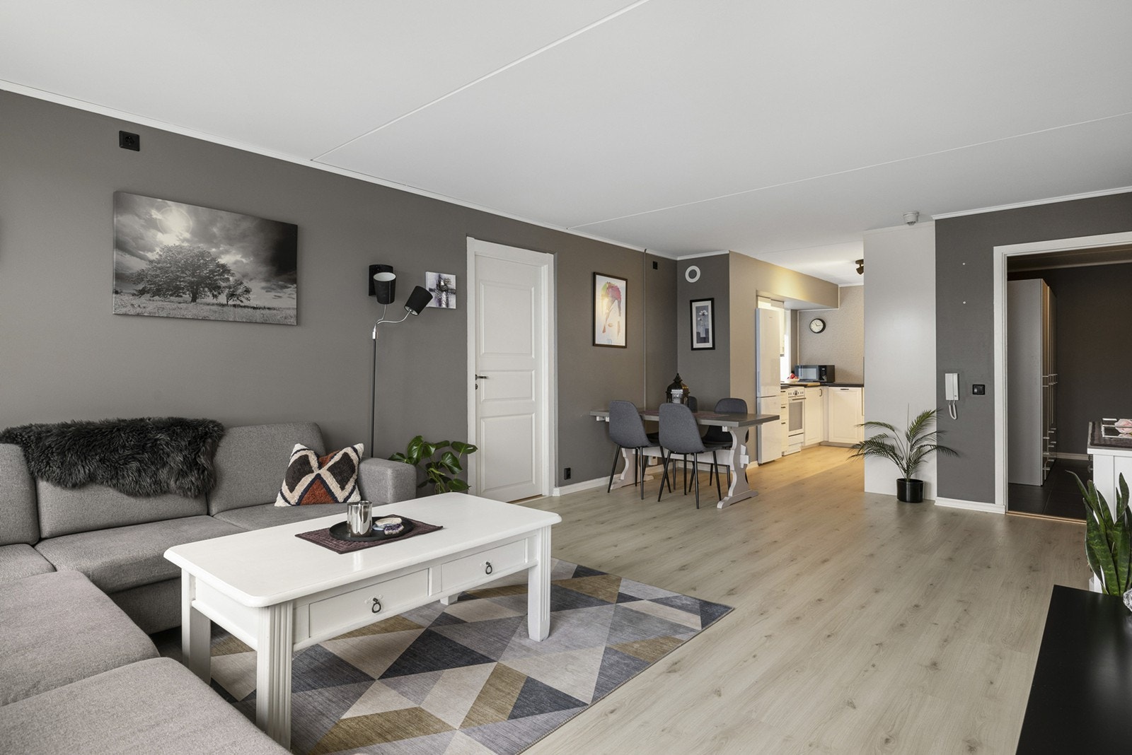 Det er fin utforming for sofagruppe og mediemøblement i egen sone, samt stort spisebord i praktisk tilknytning til kjøkkenet. Galleribilde