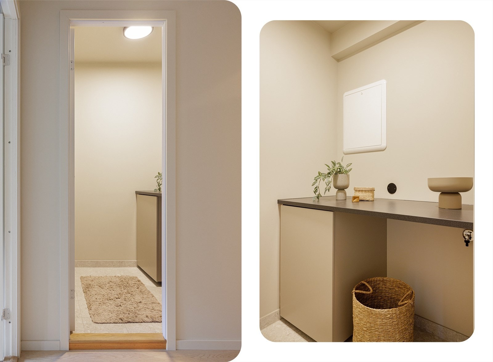 Varmtvannsbereder fra 2024 og fordelerskap til rørsystemet er også plassert på vaskerommet Galleribilde