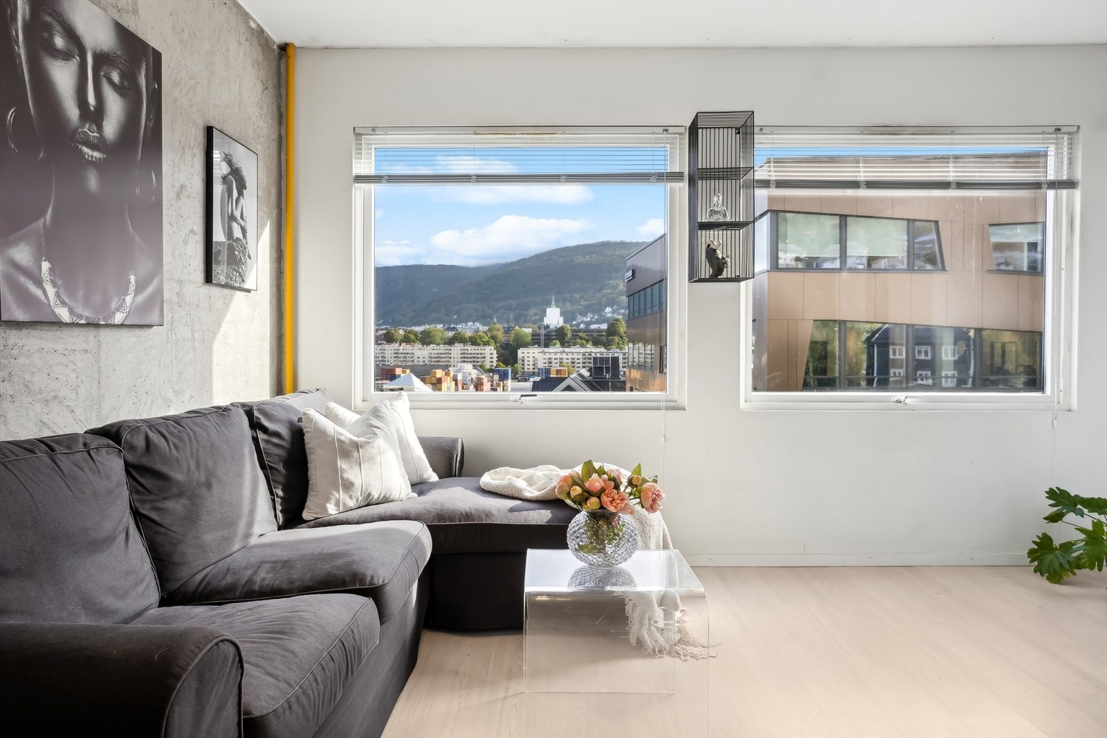 Stuen har laminat på gulv og micro sement på en vegg, dette gir leiligheten et moderne preg. Galleribilde