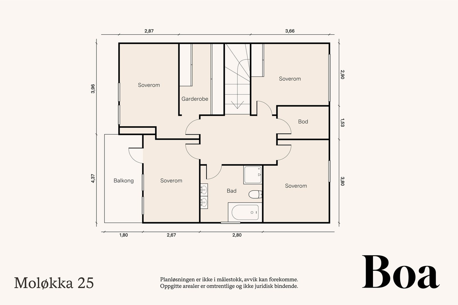 2. etasje: Trappegang, bad/wc, 4 soverom, omkledningsrom og bod/teknisk rom. Galleribilde