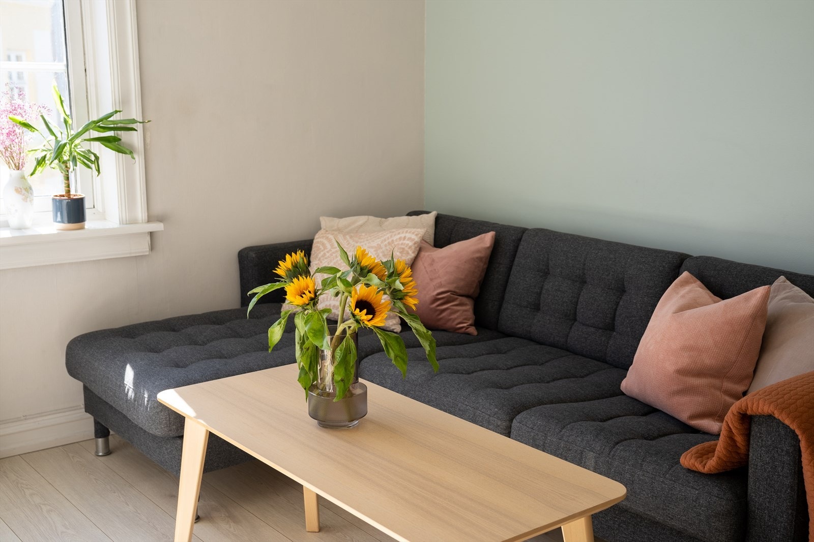Det er god plass til en stor sofa med tilhørende møblement. Galleribilde