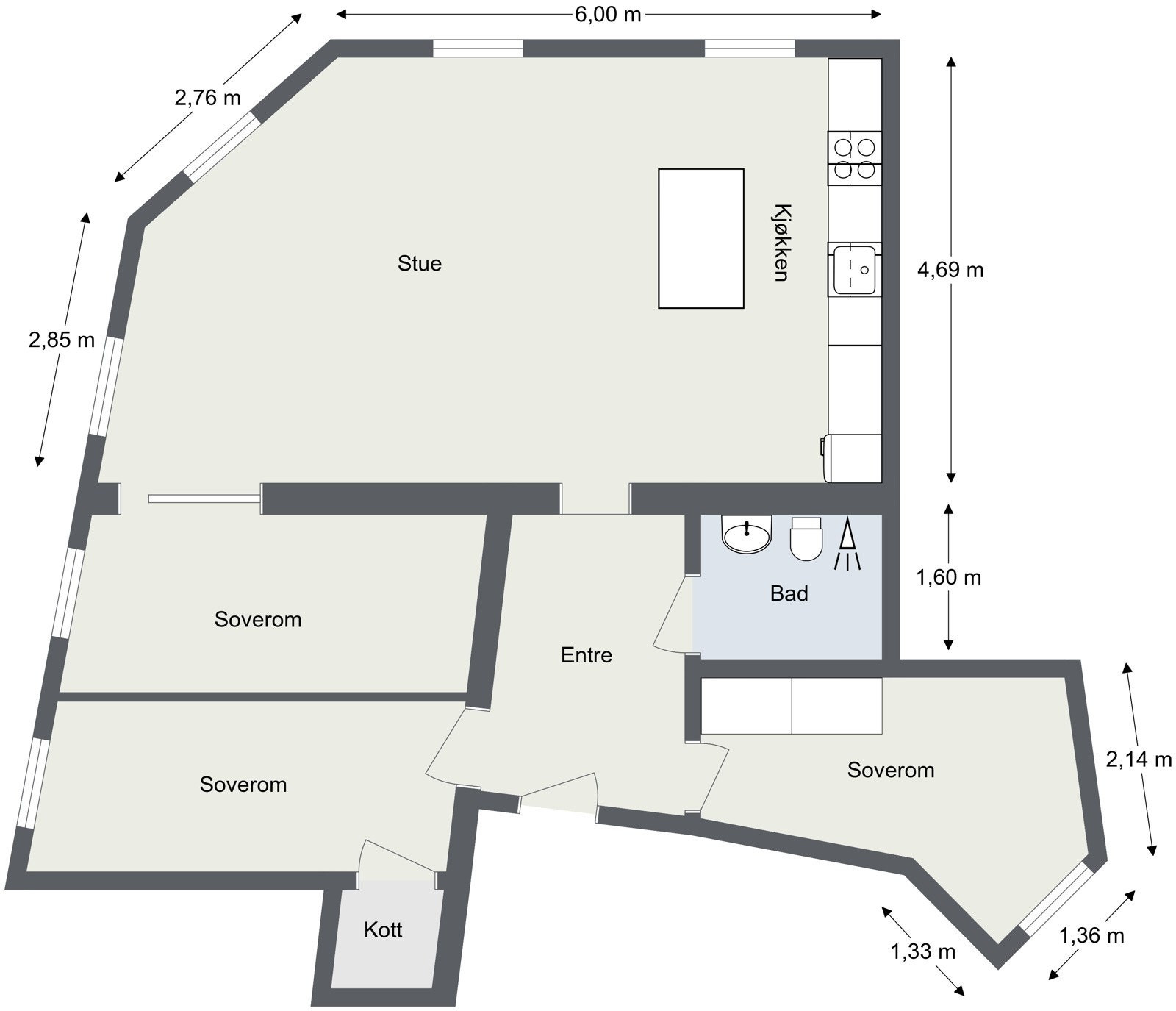 Alternativ plantegning med to ekstra soverom Galleribilde