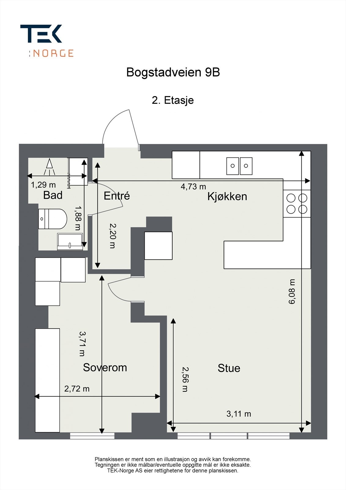 Plantegning Bogstadveien 9B, 2. etasje. Galleribilde