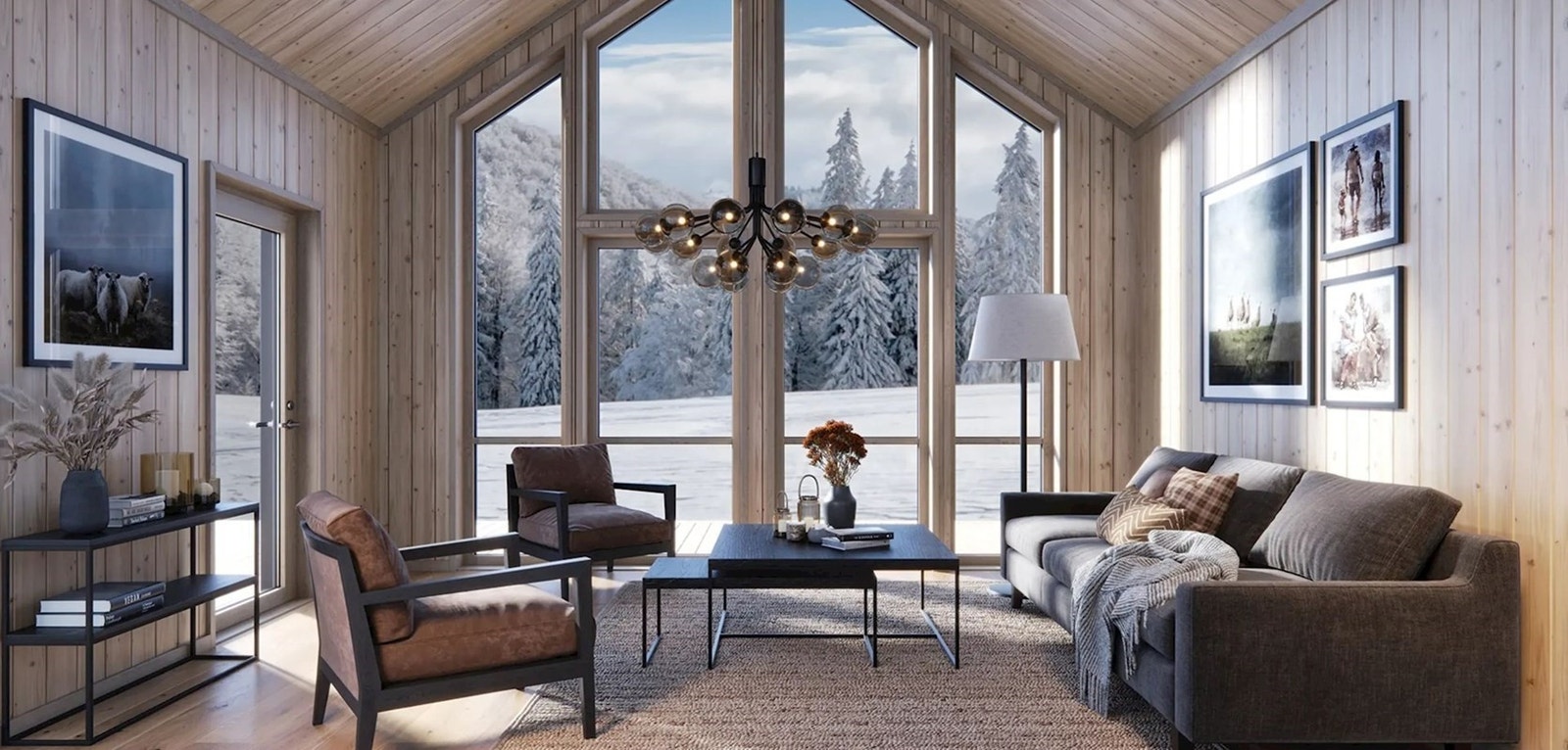 Bersagel er en flott hyttemodell fra Mesterhus hvor store vinduer gir godt med lys og kontakt med naturen. Illustrasjon. Galleribilde