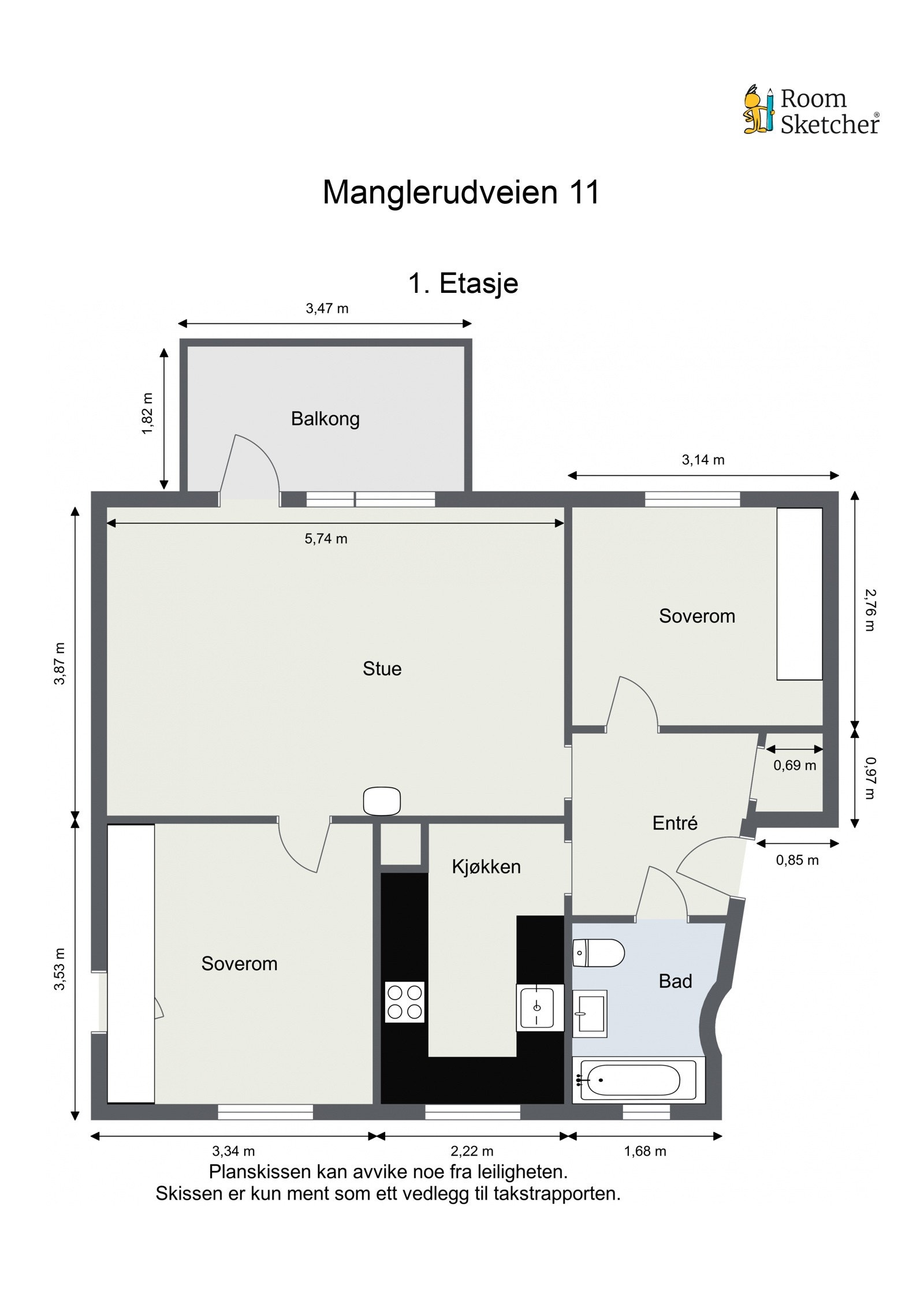Planskisse. Utover overnevnte areal disponerer leiligheten kjellerboder til ca. 2,4 m² og 6,6 m². Loftsbod med gulvarel på ca. 6 m² Galleribilde