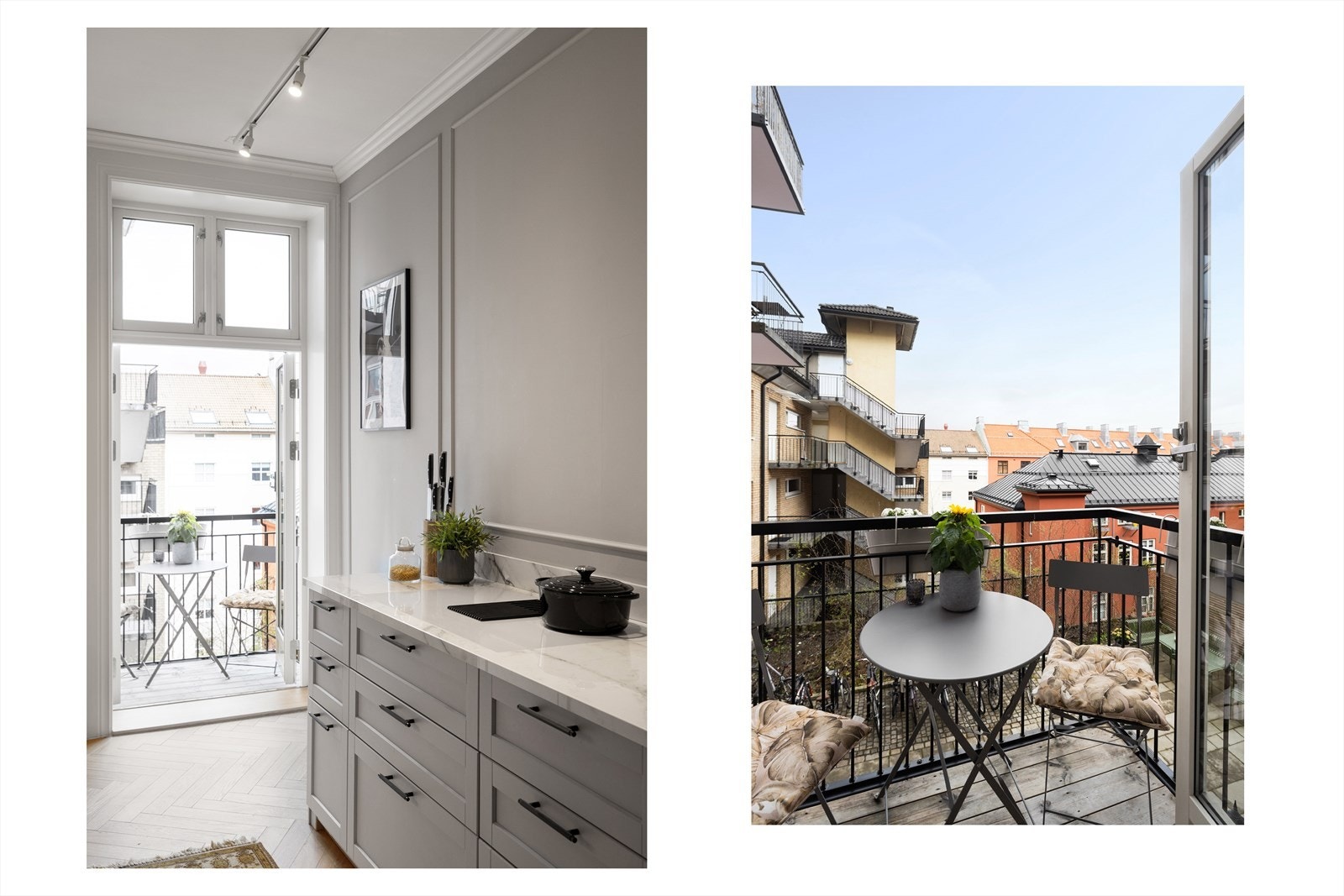 I enden av rommet er det utgang til en koselig balkong, som på sommerstid oppleves som en forlengelse av kjøkkenet Galleribilde