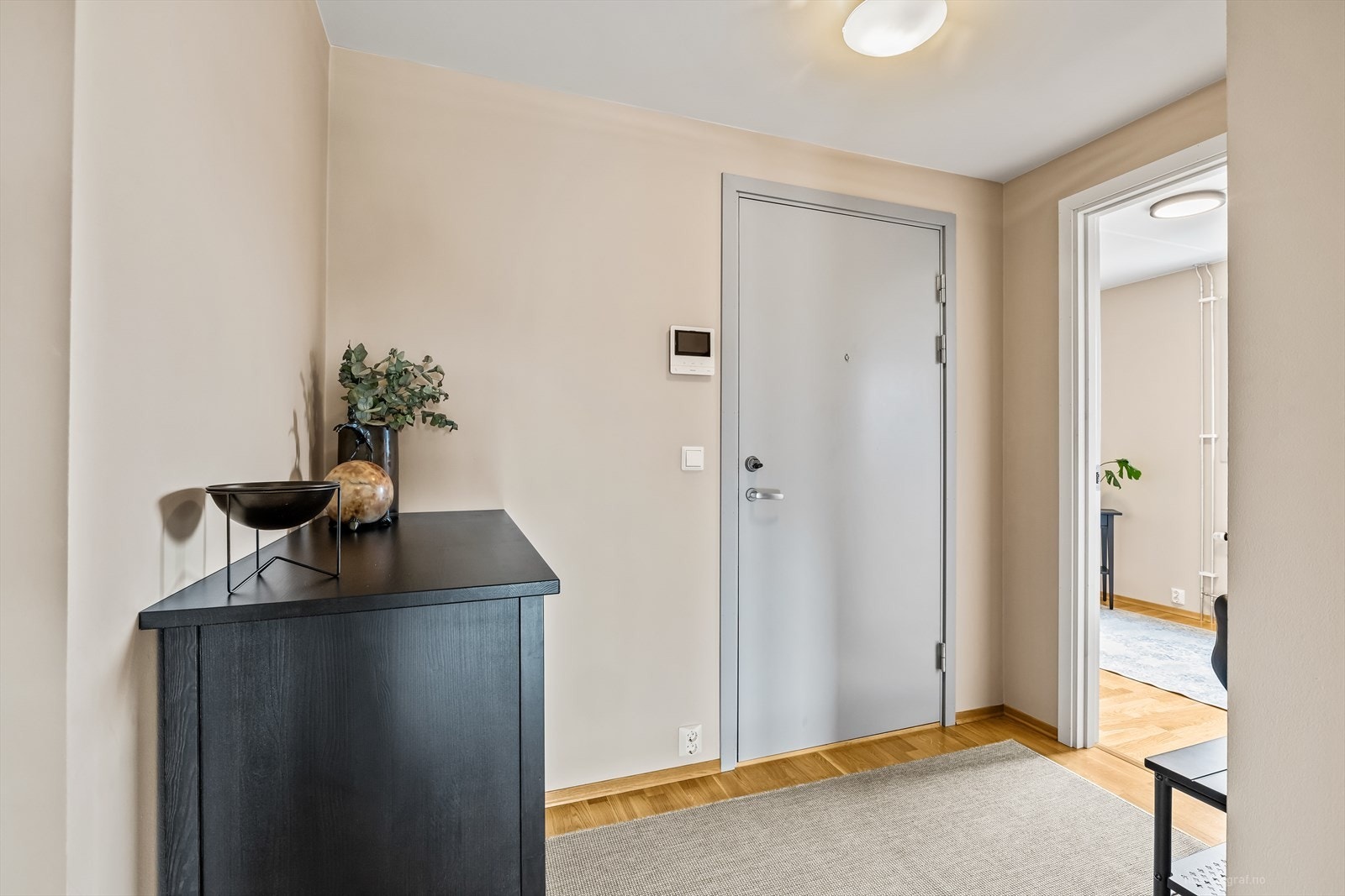 Entréen har god plass til garderobeløsning eller oppheng av yttertøy. Det er dørcalling og heis til alle plan. Galleribilde