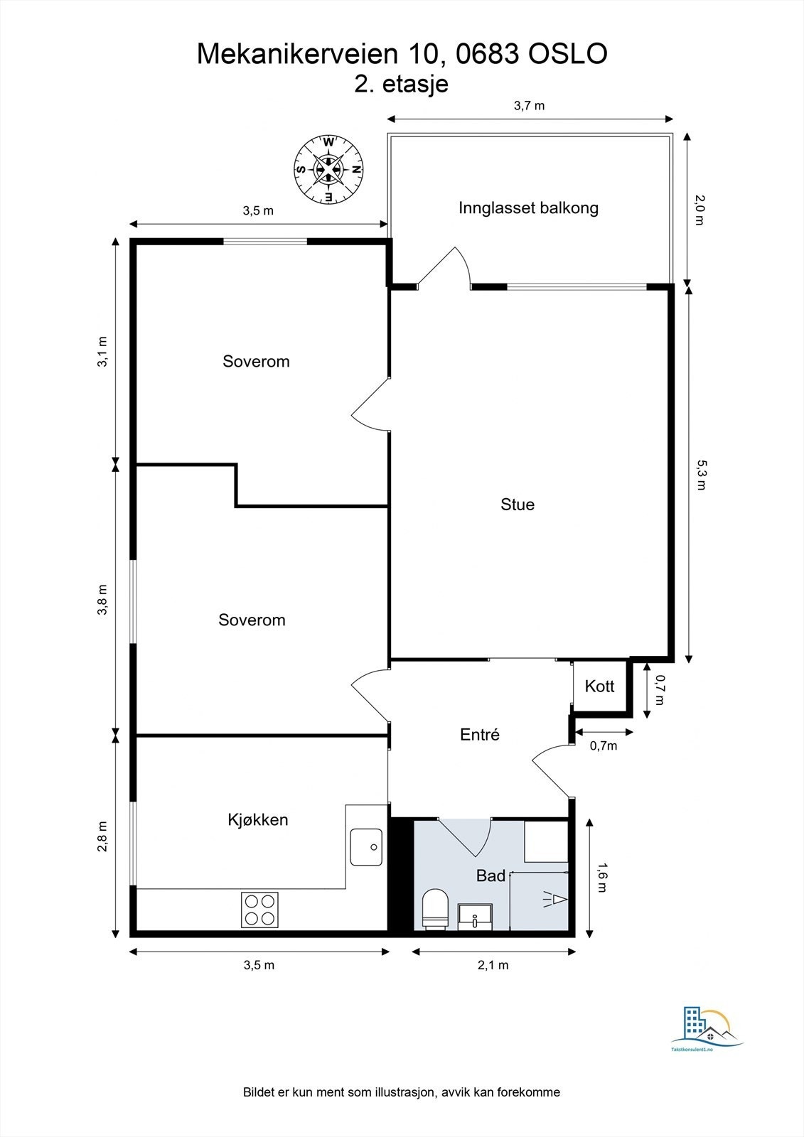 Leilighetens planløsning gir god størrelse på alle rom. Galleribilde