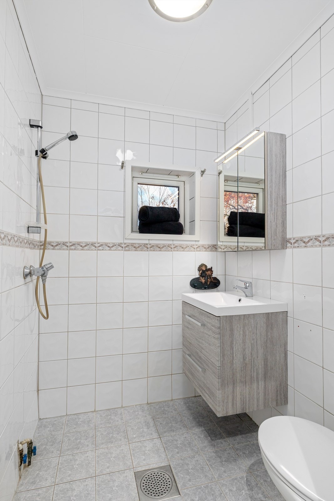 Innredet med dusjstang, møbel m/servant, speilskap og klosett. Galleribilde