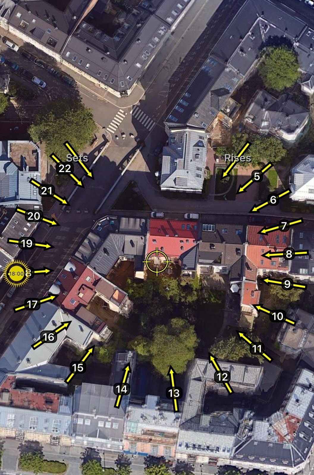 Illustrasjon av solforholdene midtsommers. Sol på balkongen fra ca. 9:00-18:00. Galleribilde