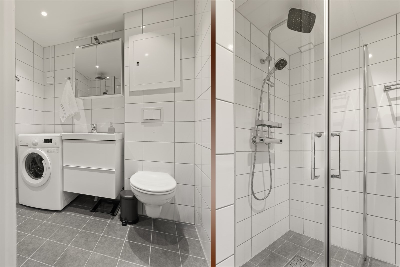 Enkelt opplegg til vaskemaskin og tørketrommel. 90x90 dusjhjørne med takdusj. Galleribilde